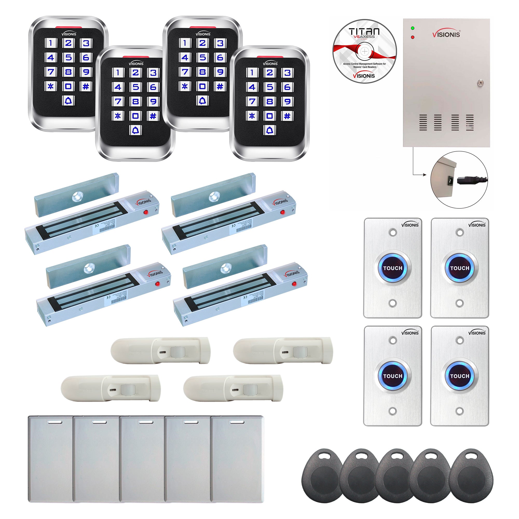 FPC-8299 4 Door Professional Access Control Outswinging Door 300lbs Mag Lock Time Attendance TCP/IP Wiegand Controller Box, Outdoor Keypad / Reader, Software, PIR, 20,000 Users, 70,000 Records