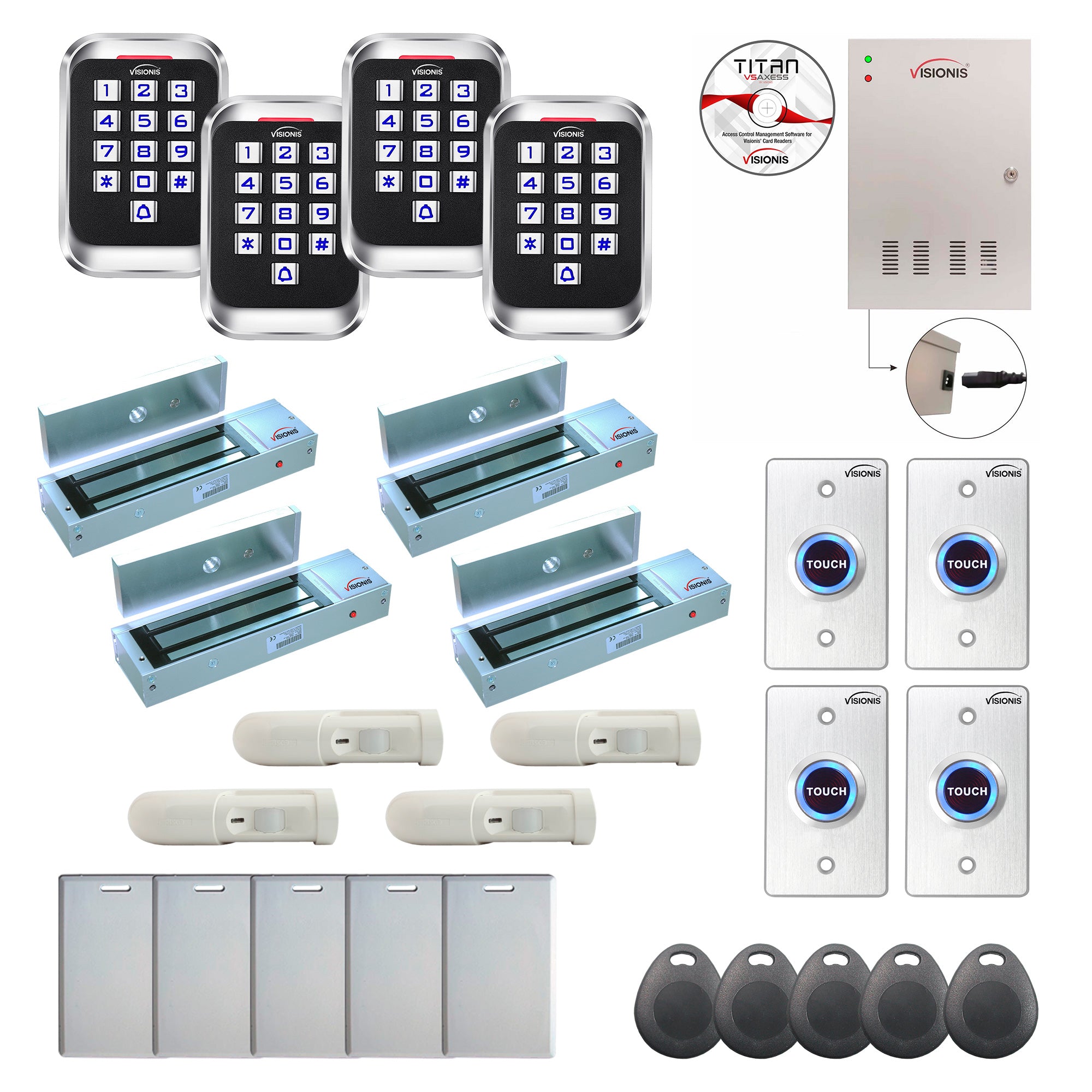 FPC-8301 4 Door Professional Access Control Outswinging Door 1200lbs Mag Lock Time Attendance TCP/IP Wiegand Controller Box, Outdoor Keypad / Reader, Software, PIR, 20,000 Users, 70,000 Records