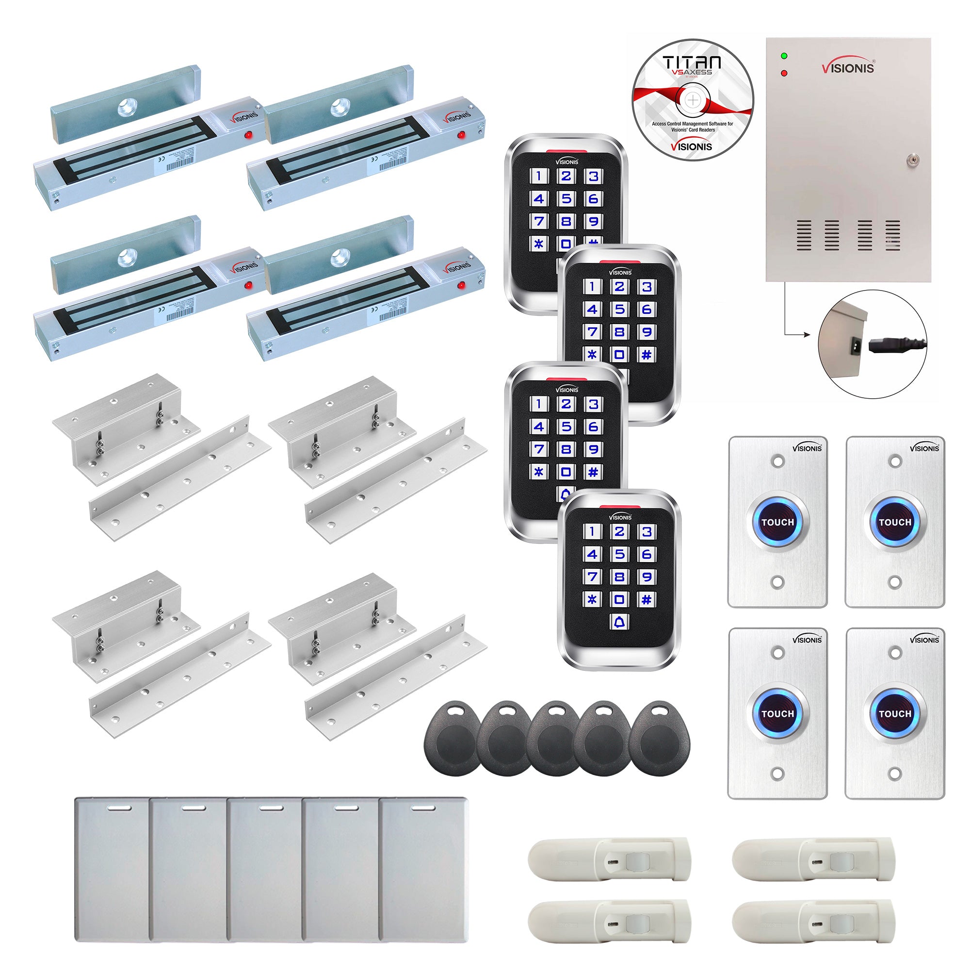 FPC-8302 4 Doors Professional Access Control Inswinging Door 300lb Mag Lock Time Attendance TCP/IP Wiegand Controller Box, Outdoor Keypad/Reader, Software Included, PIR, 20,000 Users, 70,000 Records