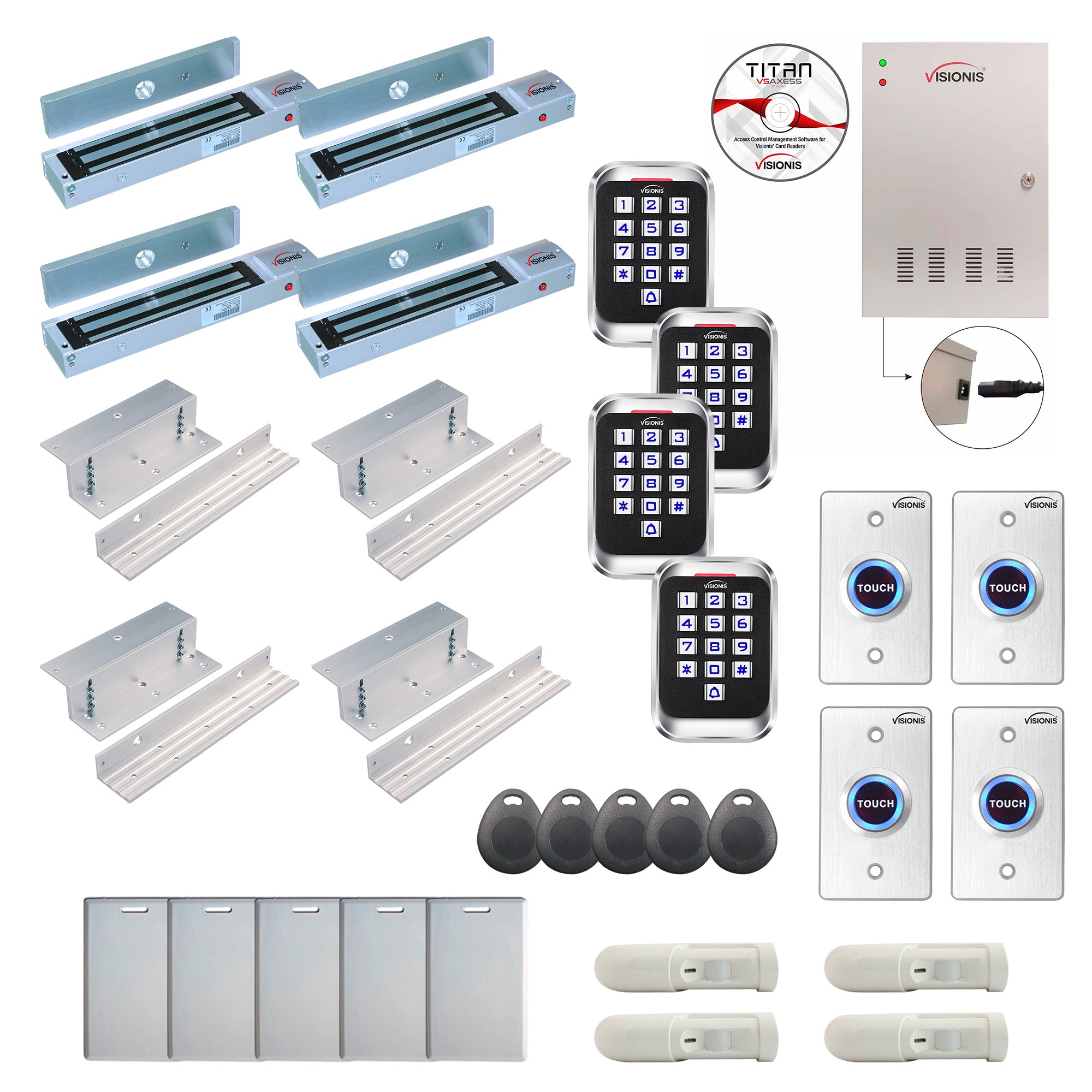 FPC-8303 4 Doors Professional Access Control Inswinging Door 600lbs Mag Lock Time Attendance TCP/IP Wiegand Controller Box, Outdoor Keypad / Reader, Software, PIR, 20,000 Users, 70,000 Records