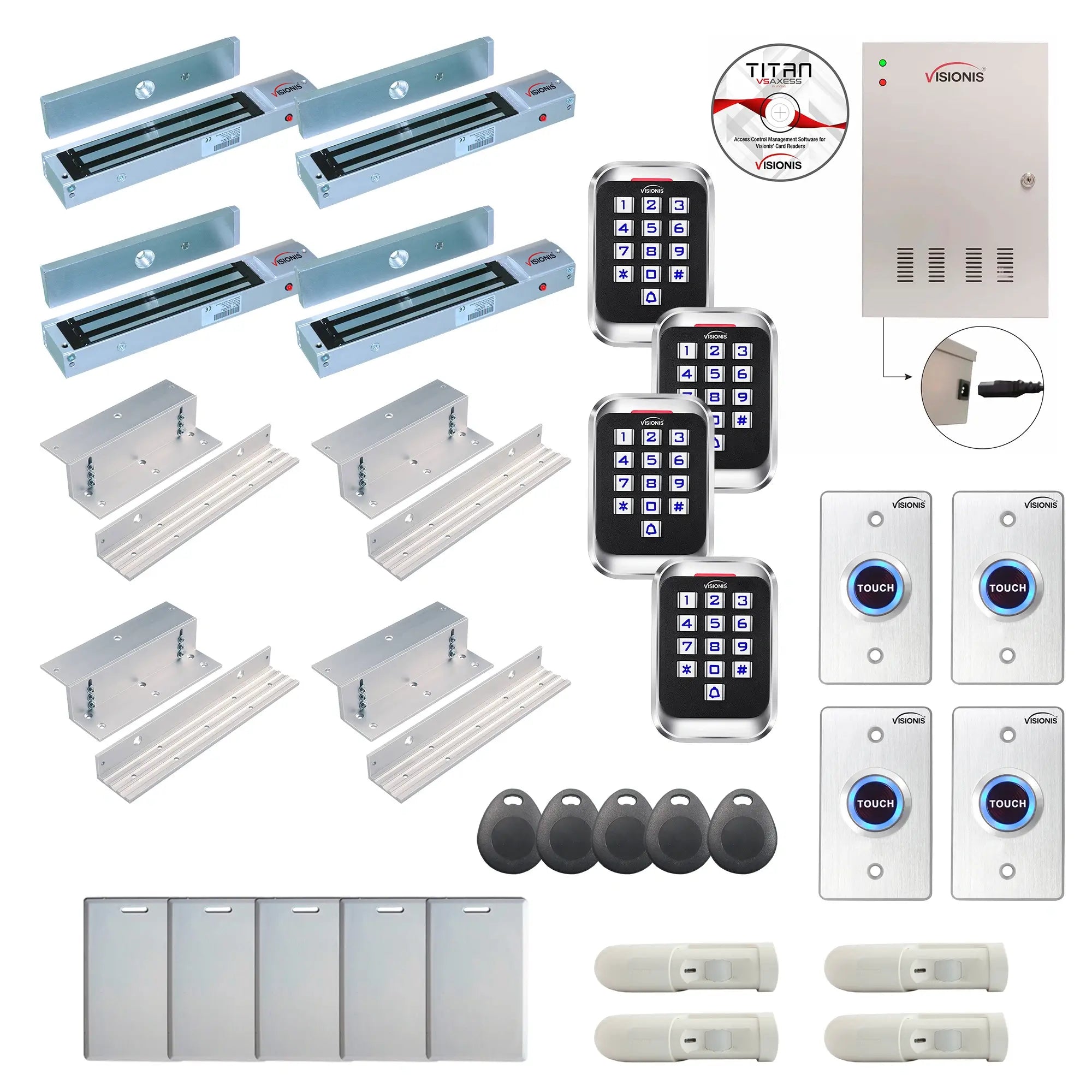 Badge access control systems with 600 lbs maglocks, card readers, PIR motion sensors, software - FPC-8303