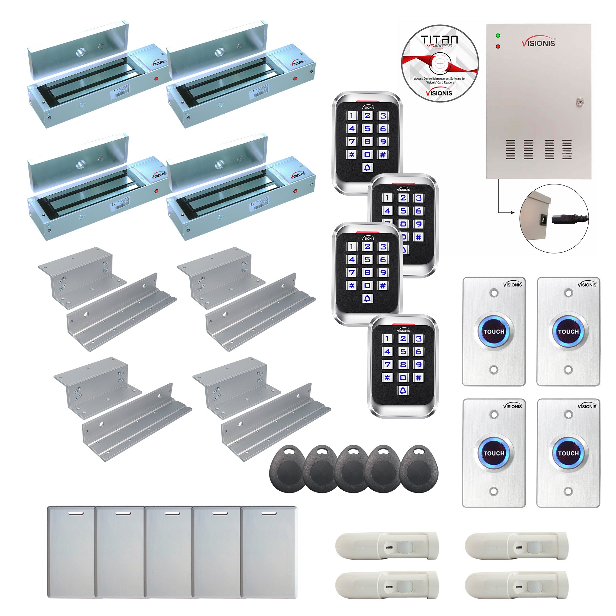 FPC-8304 4 Doors Professional Access Control Inswinging Door 1200lbs Mag Lock Time Attendance TCP/IP Wiegand Controller Box, Outdoor Keypad / Reader, Software Included, 20,000 Users, 70,000 Records