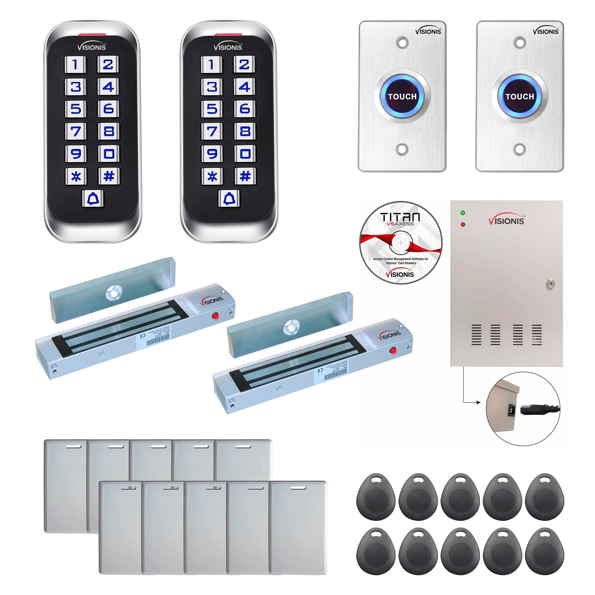 FPC-8333 2 Door Access Control Outswinging Door 300lbs Mag Lock Time Attendance TCP/IP Wiegand Controller Box + Power Supply, Outdoor Keypad / Reader, Software Included, 20,000 Users, 70,000 Records