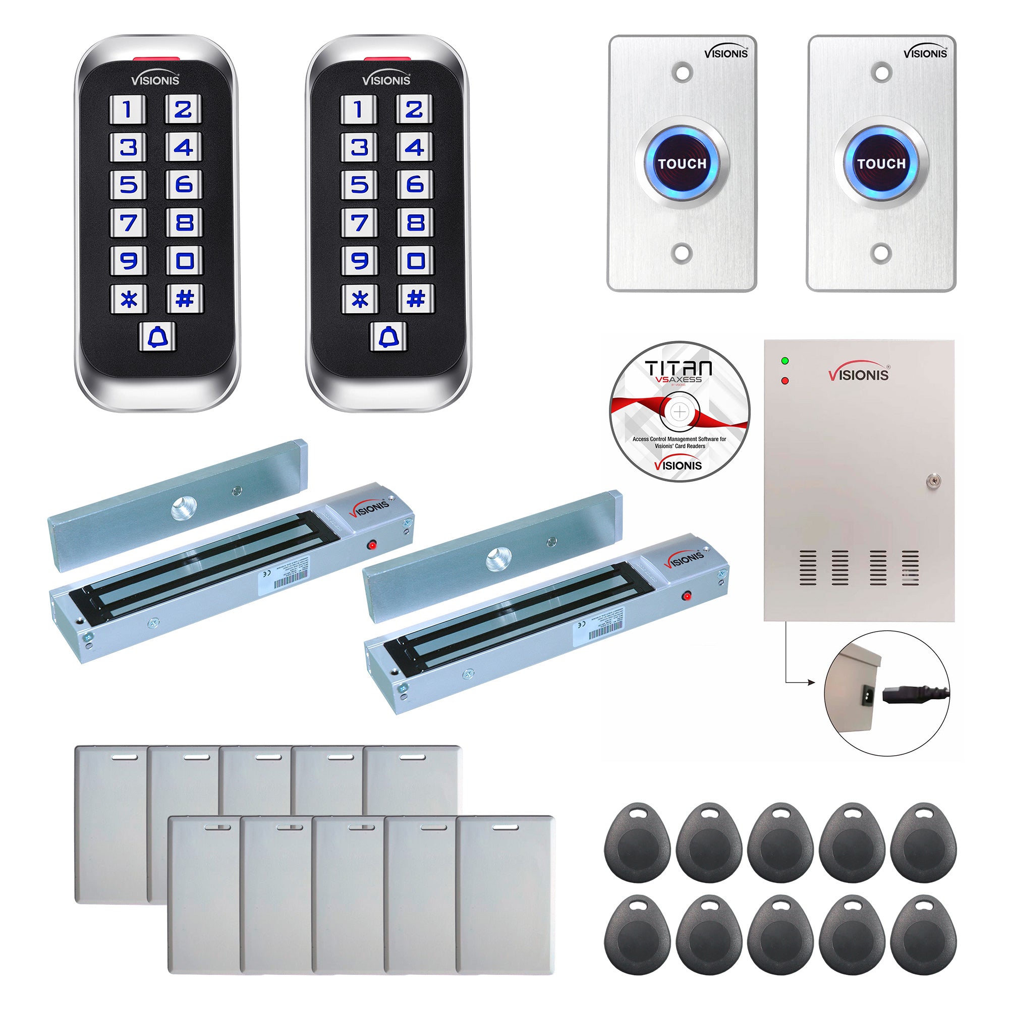 FPC-8334 2 Door Access Control Outswinging Door 600lbs Mag Lock Time Attendance TCP/IP Wiegand Controller Box + Power Supply, Outdoor Keypad / Reader, Software Included, 20,000 Users, 70,000 Records