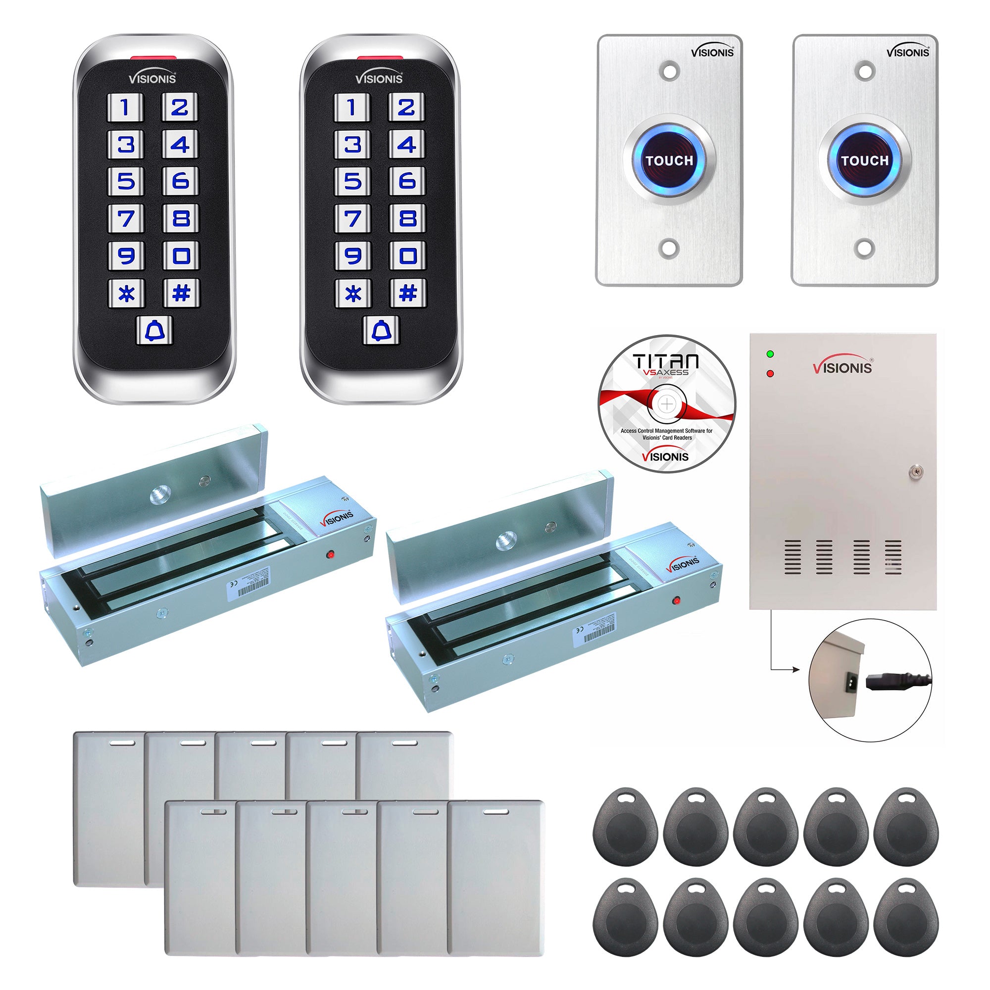 FPC-8335 2 Door Access Control Outswinging Door 1200lb Mag Lock Time Attendance TCP/IP Wiegand Controller Box + Power Supply, Outdoor Keypad / Reader, Software Included, 20,000 Users, 70,000 Records