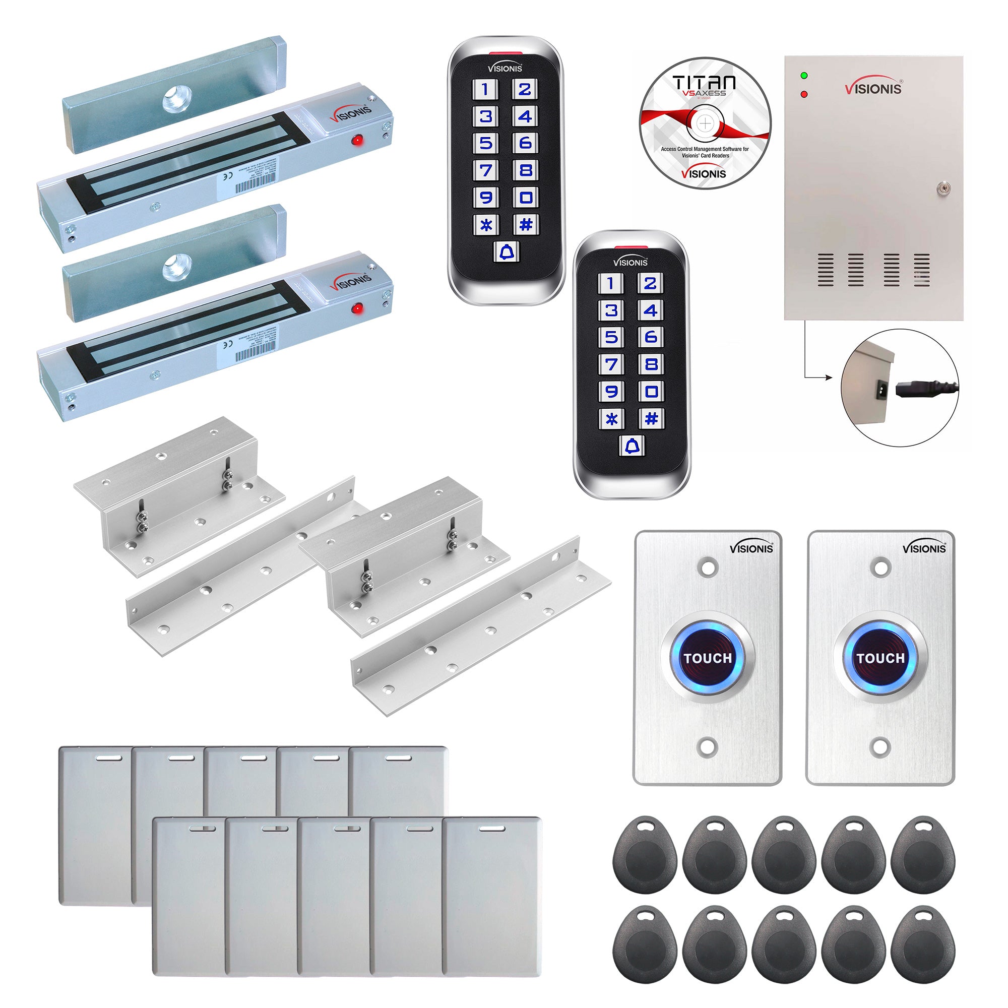 FPC-8336 2 Doors Access Control Inswinging Door 300lbs Mag Lock Time Attendance TCP/IP Wiegand Controller Box + Power Supply, Outdoor Keypad / Reader, Software Included, 20,000 Users, 70,000 Records