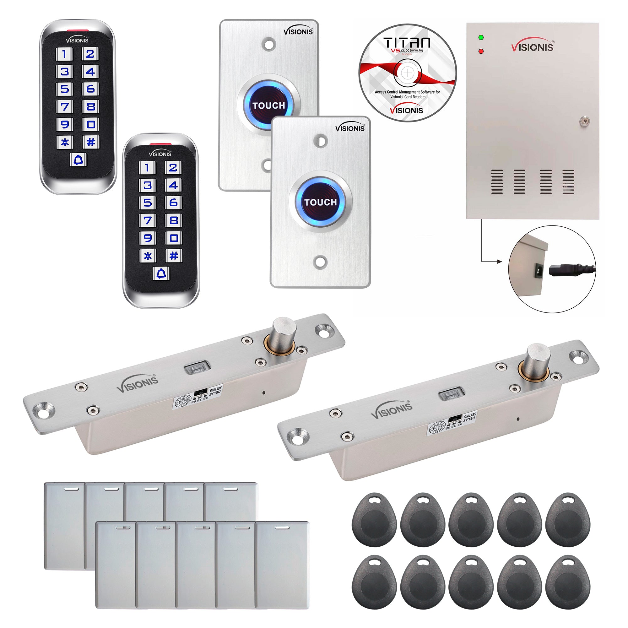 FPC-8351 Two Doors Access Control Electric Drop Bolt Fail Secure Time Attendance TCP/IP Wiegand Controller Box, Power Supply, Outdoor Metal Anti Vandal Keypad/Reader, 20,000 Users, 70,000 Records