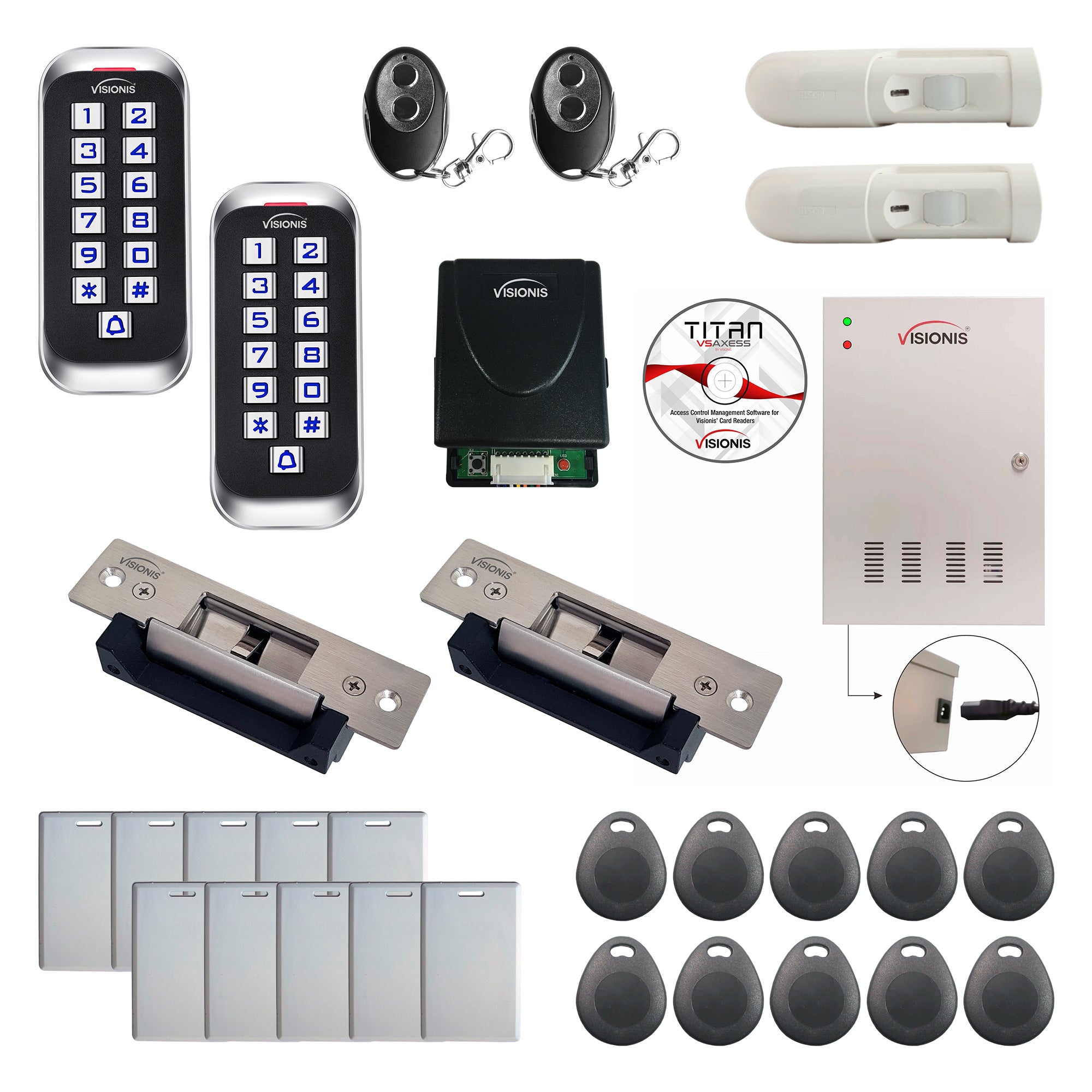 FPC-8356 2 Doors Access Control Electric Strike Fail Safe Fail Secure, Time Attendance TCP/IP Wiegand Controller Box, Outdoor Keypad / Reader, Software, Receiver, PIR, 20,000 Users, 70,000 Records