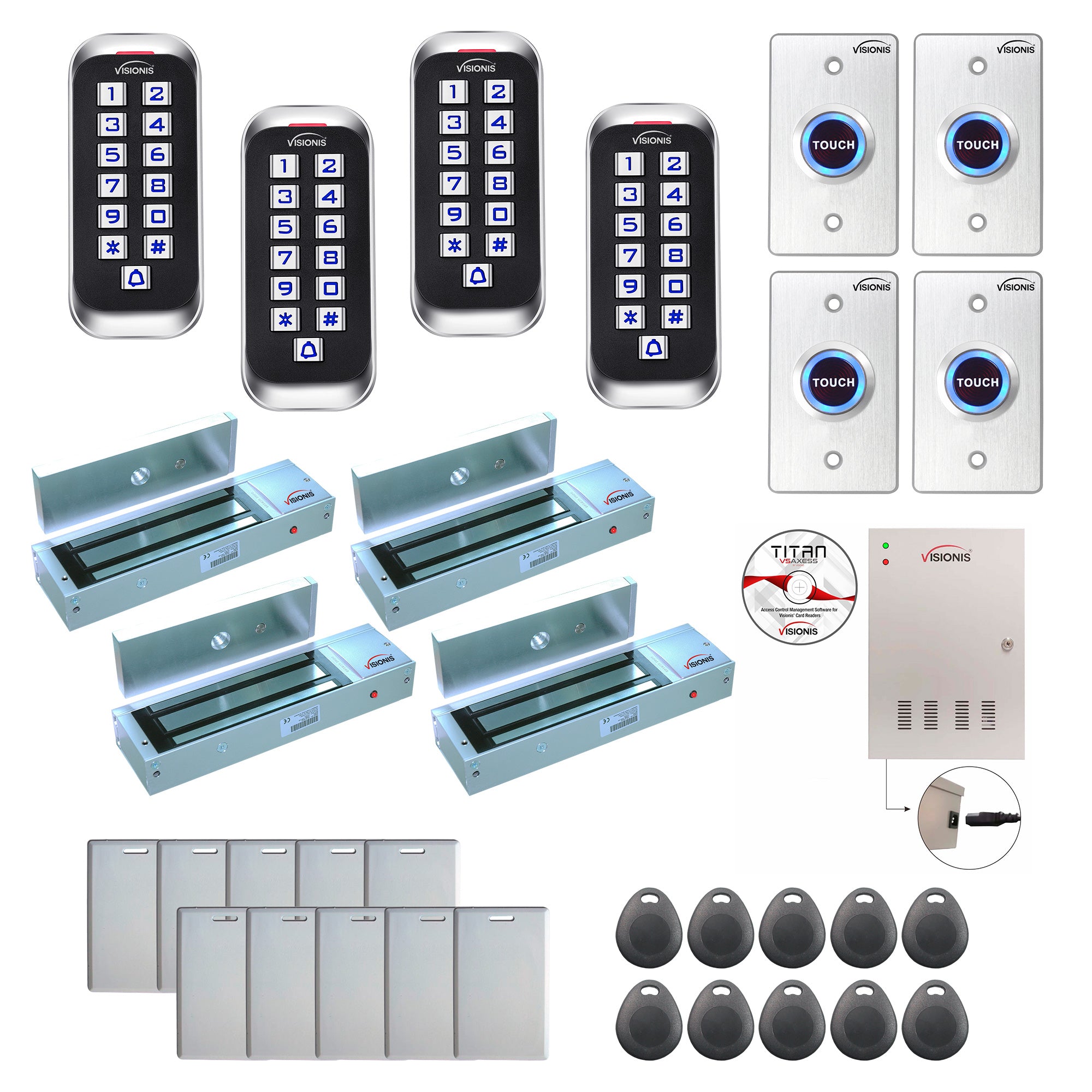 FPC-8359 4 Door Access Control Outswinging Door 1200lb Mag Lock Time Attendance TCP/IP Wiegand Controller Box+Power Supply, Outdoor Keypad/Reader, Software Included, 20,000 Users, 70,000 Records