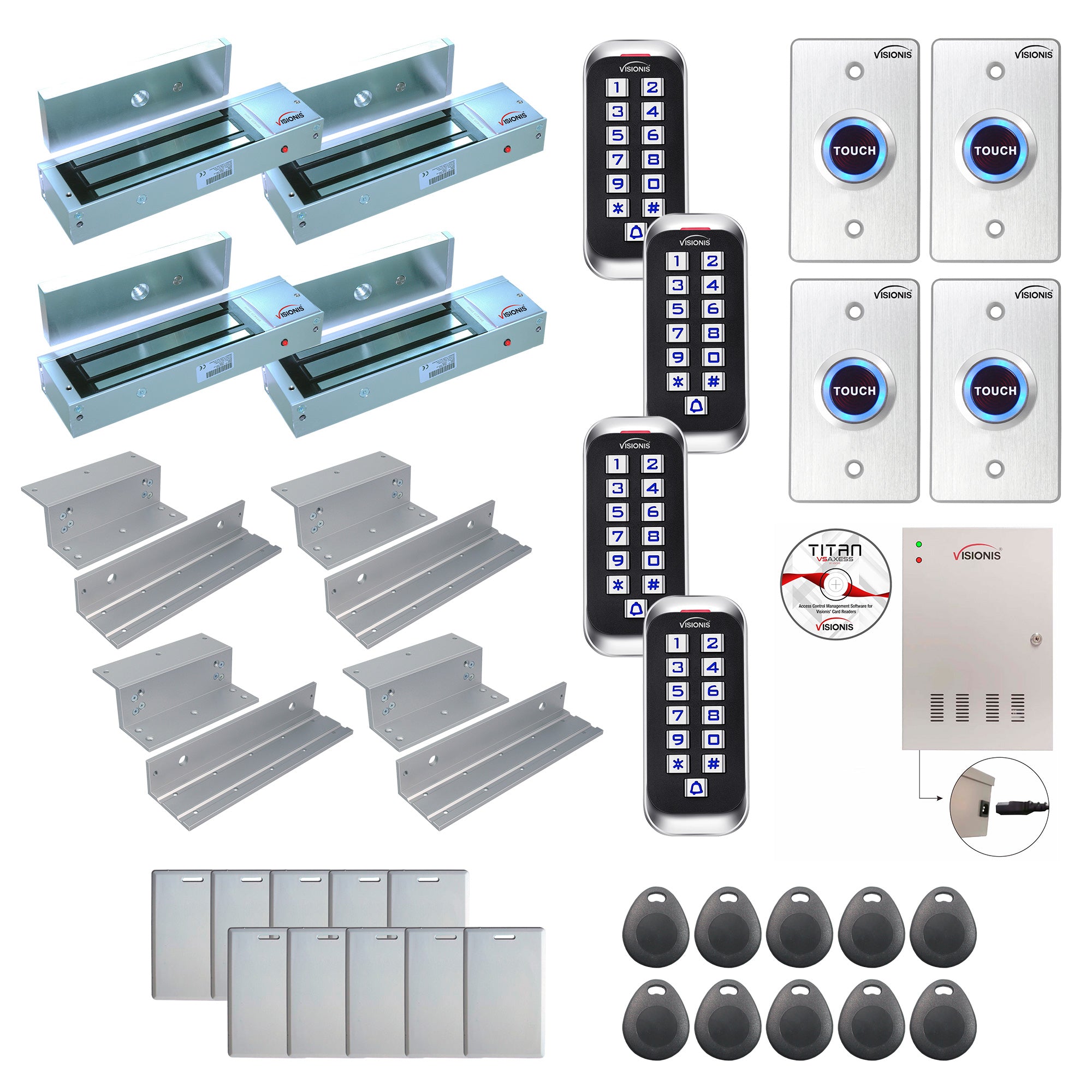 FPC-8362 4 Doors Access Control Inswinging Door 1200lb Mag Lock Time Attendance TCP/IP Wiegand Controller Box+Power Supply, Outdoor Keypad/Reader, Software Included, 20,000 Users, 70,000 Records