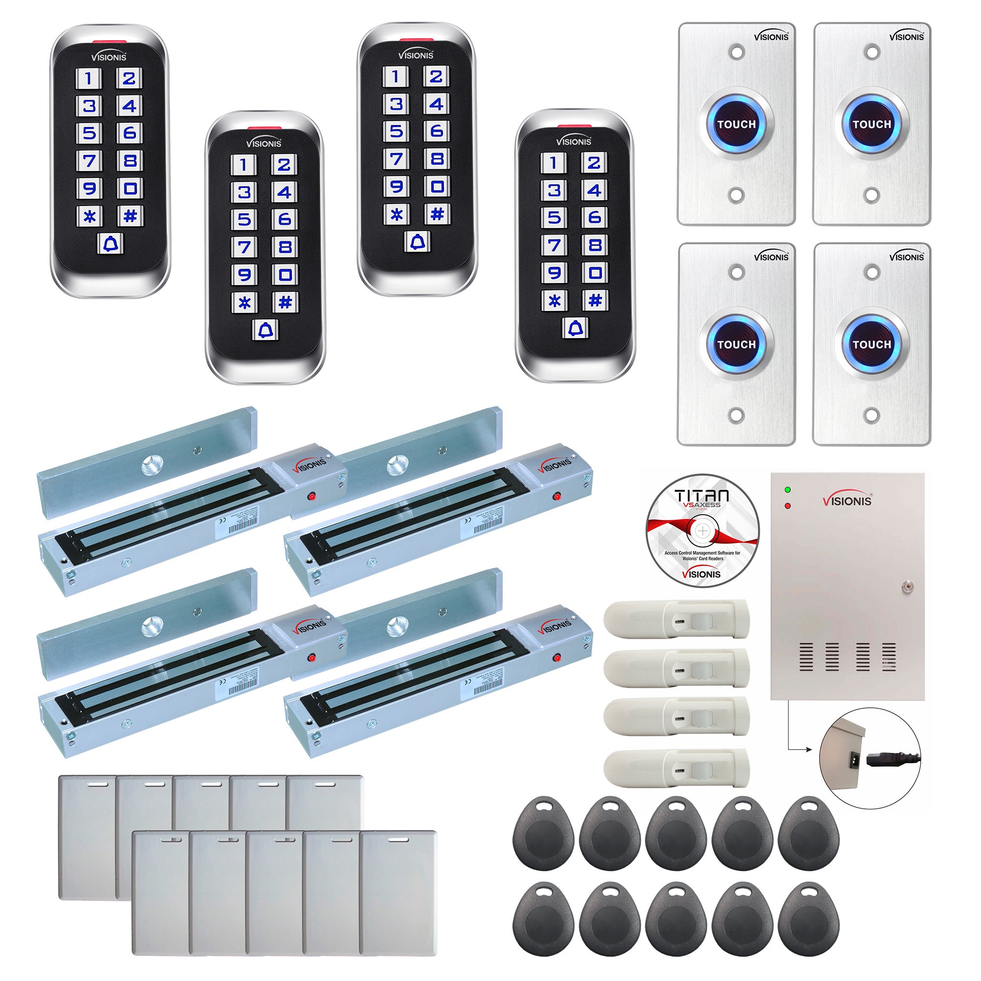 FPC-8364 Four Doors Access Control Electromagnetic Lock For Outswinging Door 600lbs TCP/IP Wiegand Controller Box, Outdoor Anti Vandal Keypad/Reader Software Included, 20000 Users, 70000 Records