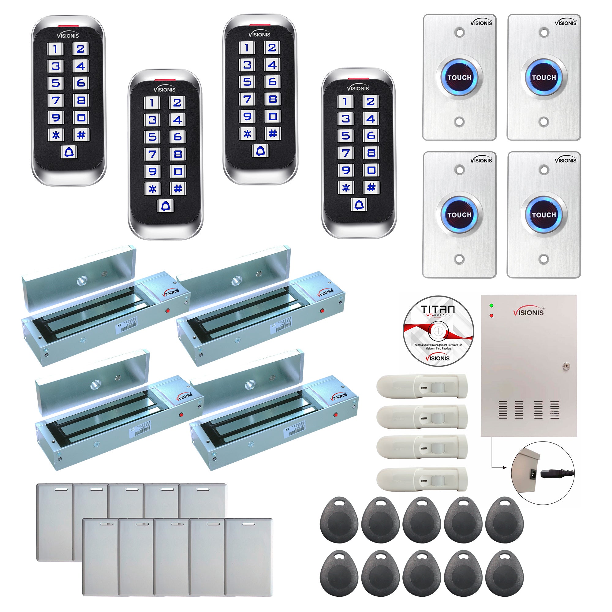 FPC-8365 Four Doors Access Control Electromagnetic Lock For Outswinging Door 1200lbs TCP/IP Wiegand Controller Box, Outdoor Anti Vandal Keypad/Reader, Software Included, 20,000 Users, 70,000 Records