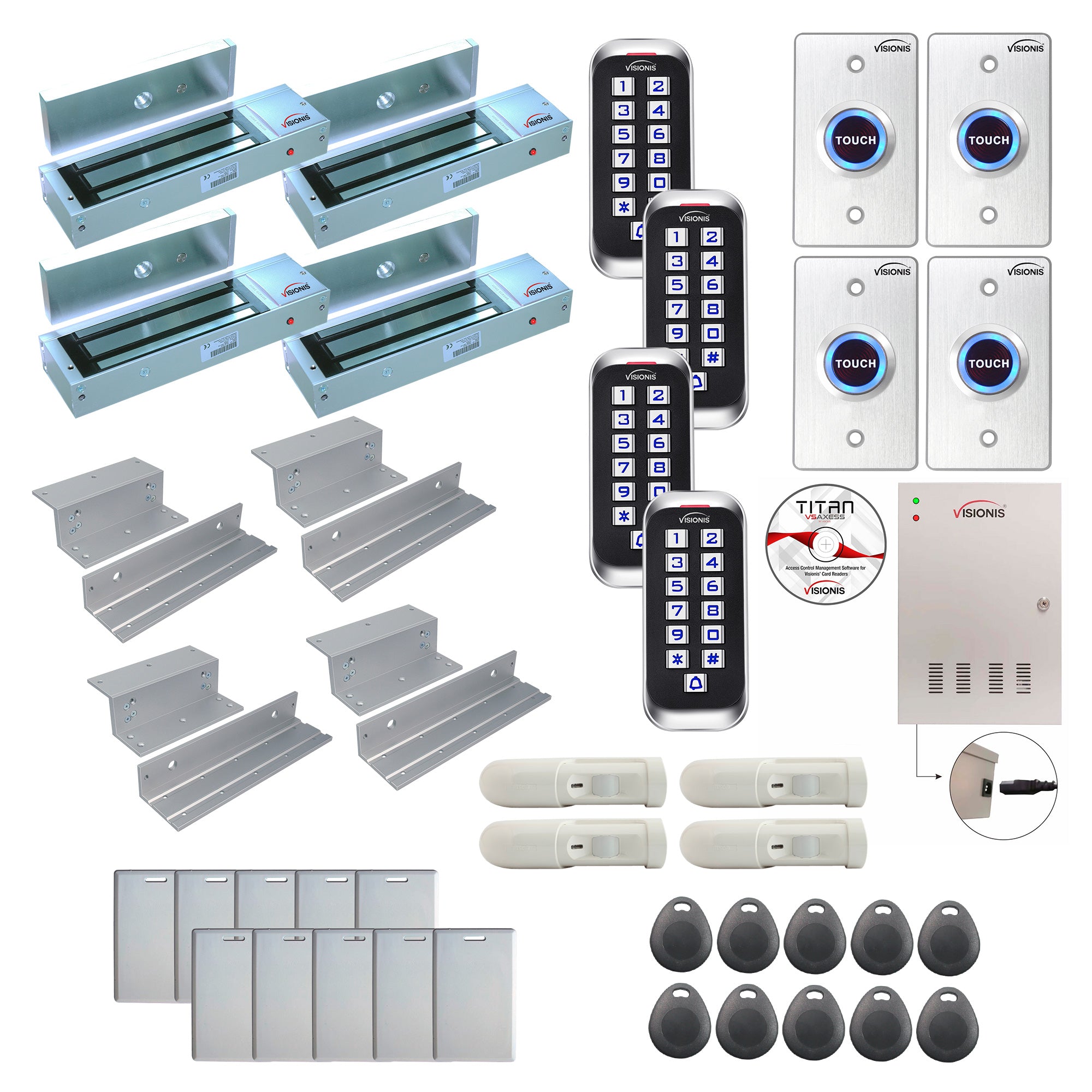 FPC-8368 Four Doors Access Control Electromagnetic Lock For Inswinging Door 1200lbs TCP/IP Wiegand Controller Box, Outdoor Anti Vandal Keypad/Reader, Software Included, 20,000 Users, 70,000 Records