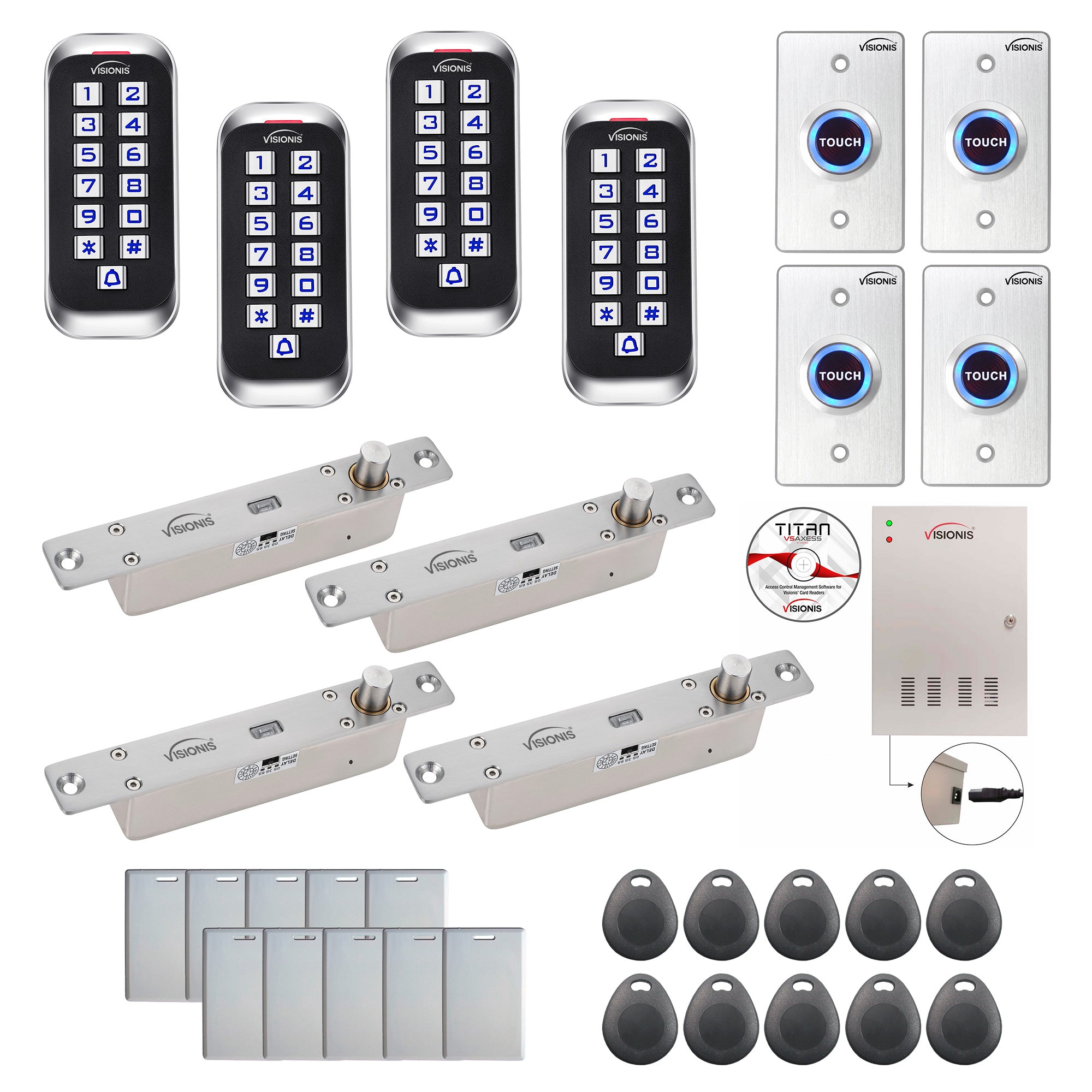 FPC-8369 4 Doors Access Control Electric Drop Bolt Fail Secure Time Attendance TCP/IP Wiegand Controller Box, Power Supply, Outdoor Keypad/Reader, Software Included, 20,000 Users, 70,000 Records