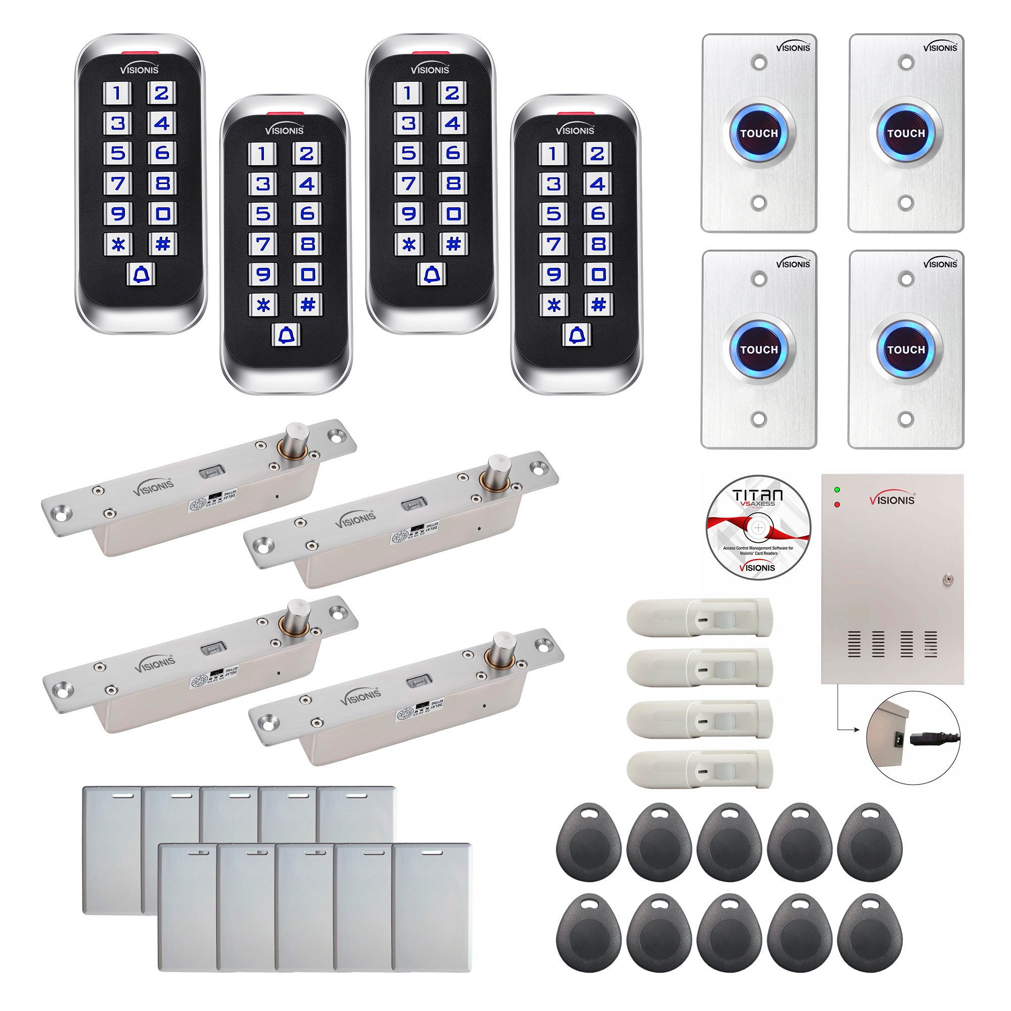 FPC-8371 Four Doors Access Control Electric Drop Bolt Fail Secure Time Attendance TCP/IP Wiegand Controller Box, Outdoor Keypad / Reader, Software Included, With PIR, 20,000 Users, 70,000 Records