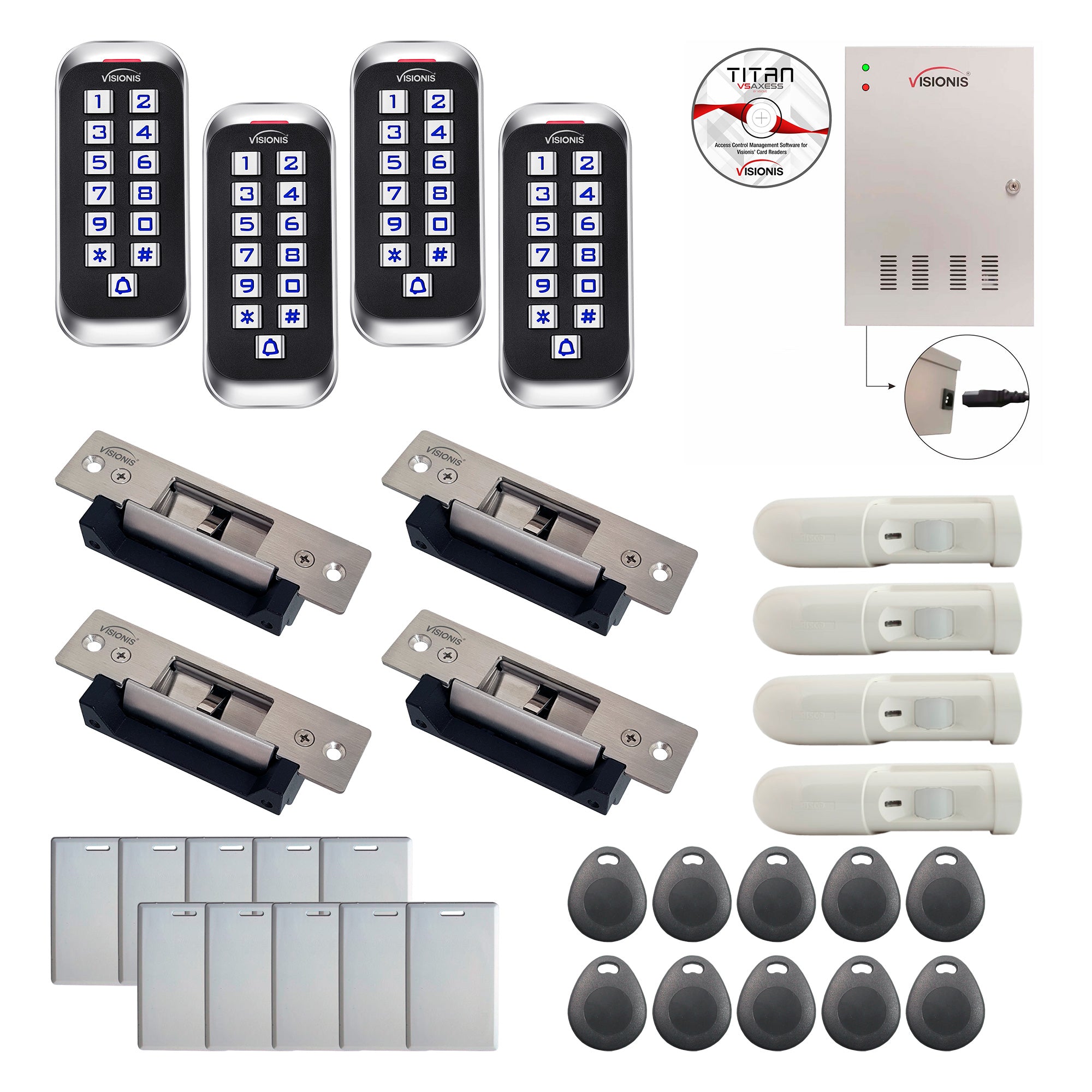 FPC-8372 4 Doors Access Control Electric Strike Fail Safe And Fail Secure, Time Attendance TCP/IP Wiegand Controller Box, Outdoor Anti Vandal Keypad/Reader, Software, 20,000 Users, 70,000 Records