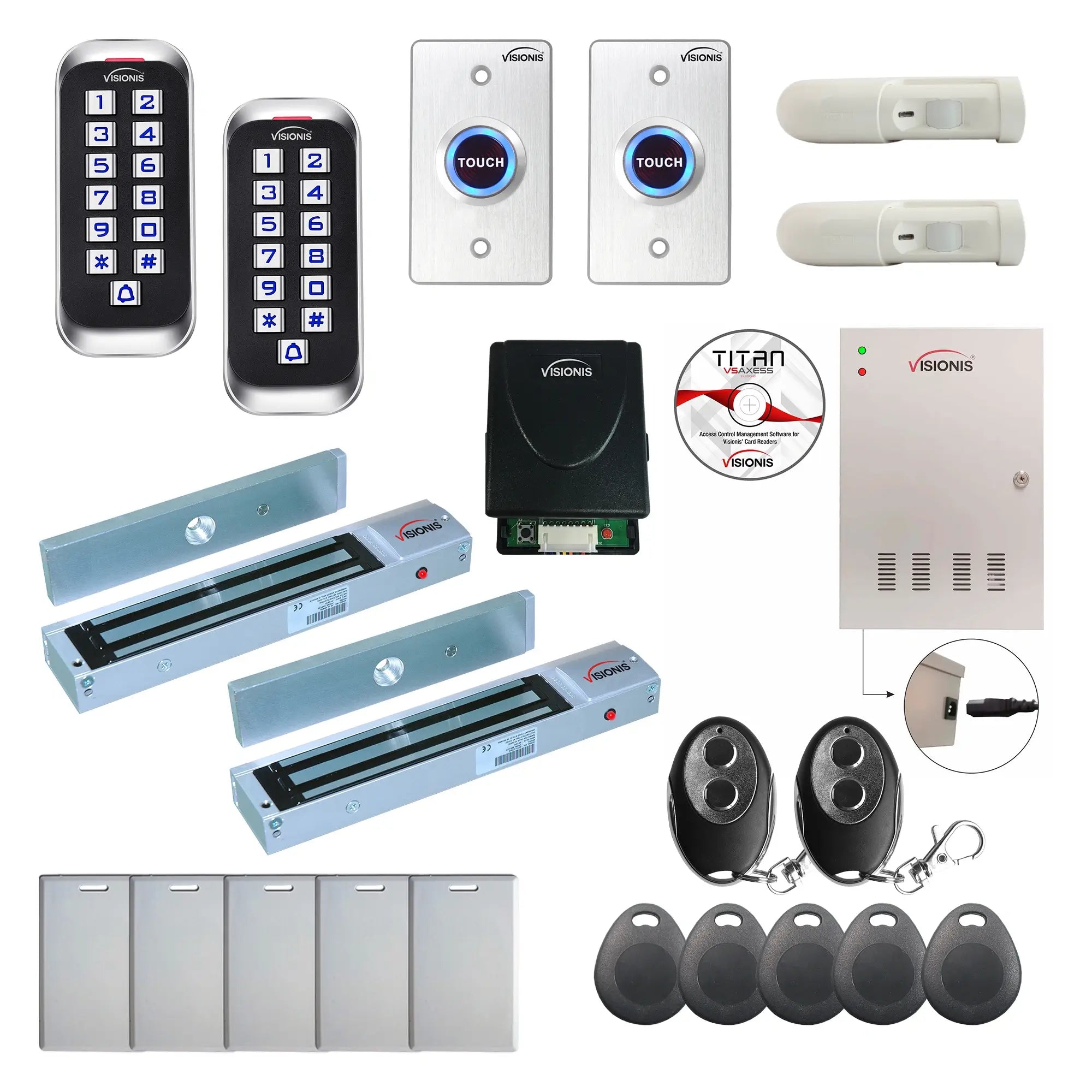 Card access control systems with 600 lbs maglocks, keypad, exit button, PIR motion sensors - FPC-8386