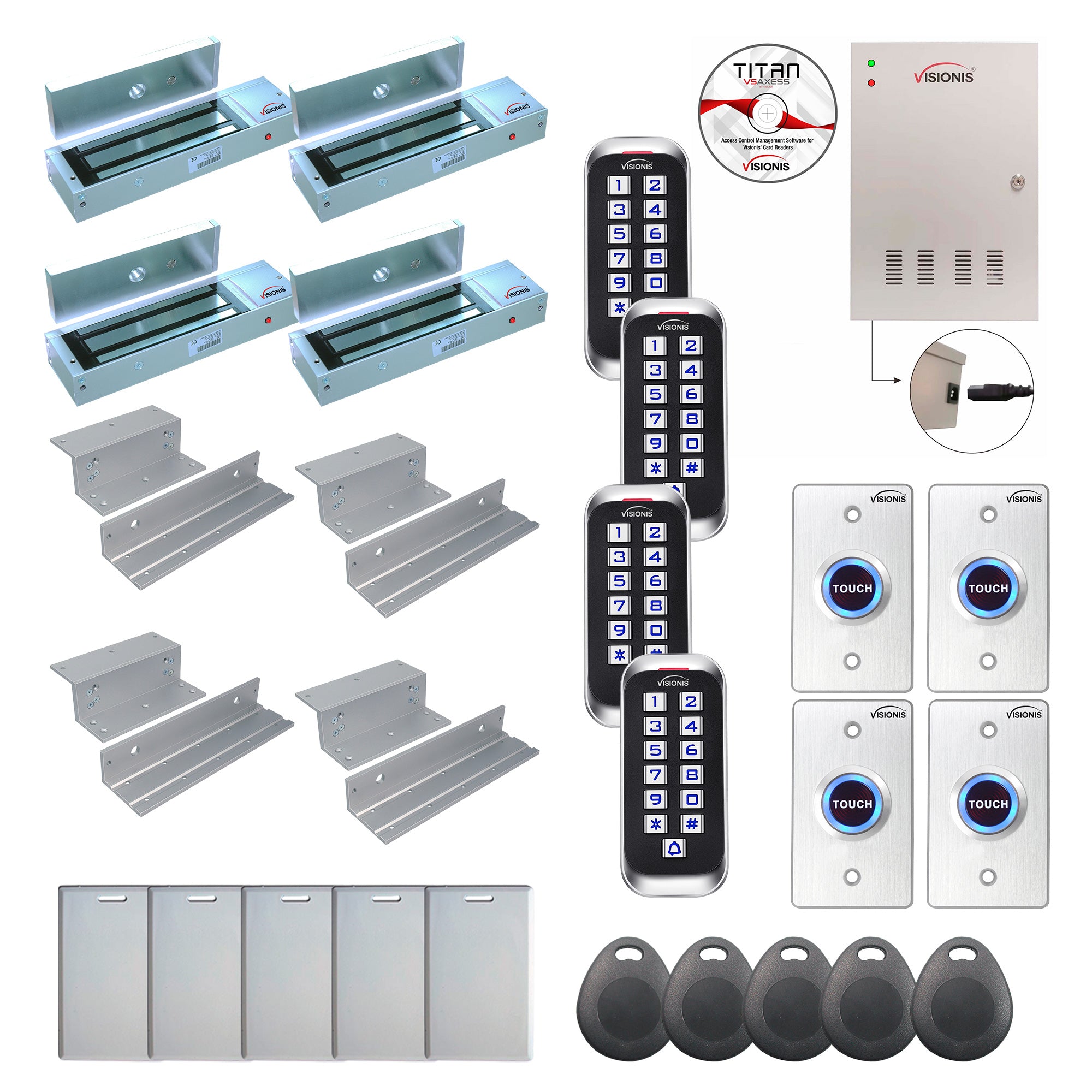 FPC-8402 4 Door Professional Access Control Inswinging Door 1200lbs Mag Lock Time Attendance TCP/IP Wiegand Controller Box, Outdoor Keypad / Reader, Software Included, 20,000 Users, 70,000 Records