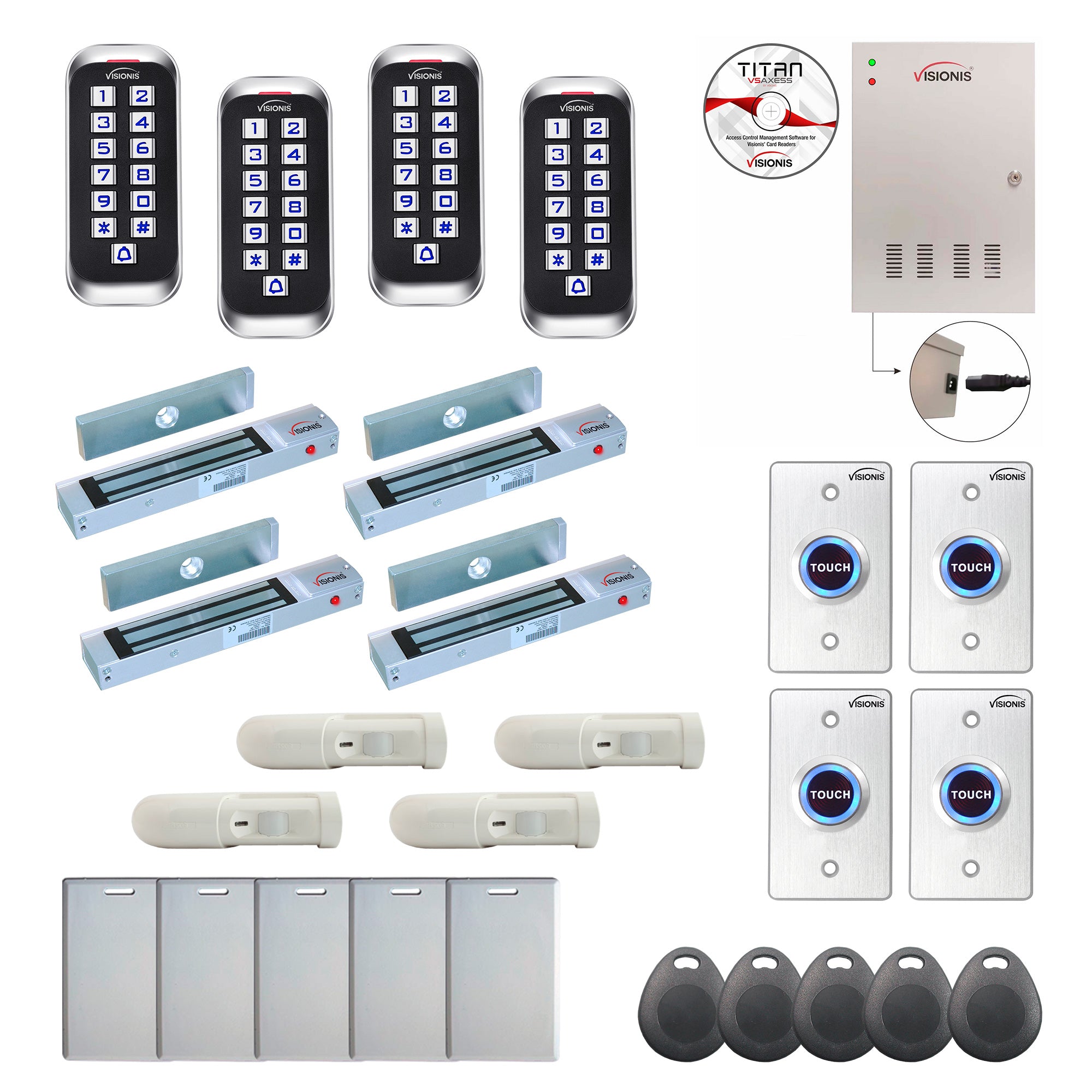 FPC-8403 4 Door Professional Access Control Outswinging Door 300lbs Mag Lock Time Attendance TCP/IP Wiegand Controller Box, Outdoor Anti Vandal Keypad/Reader, Software, 20,000 Users, 70,000 Records