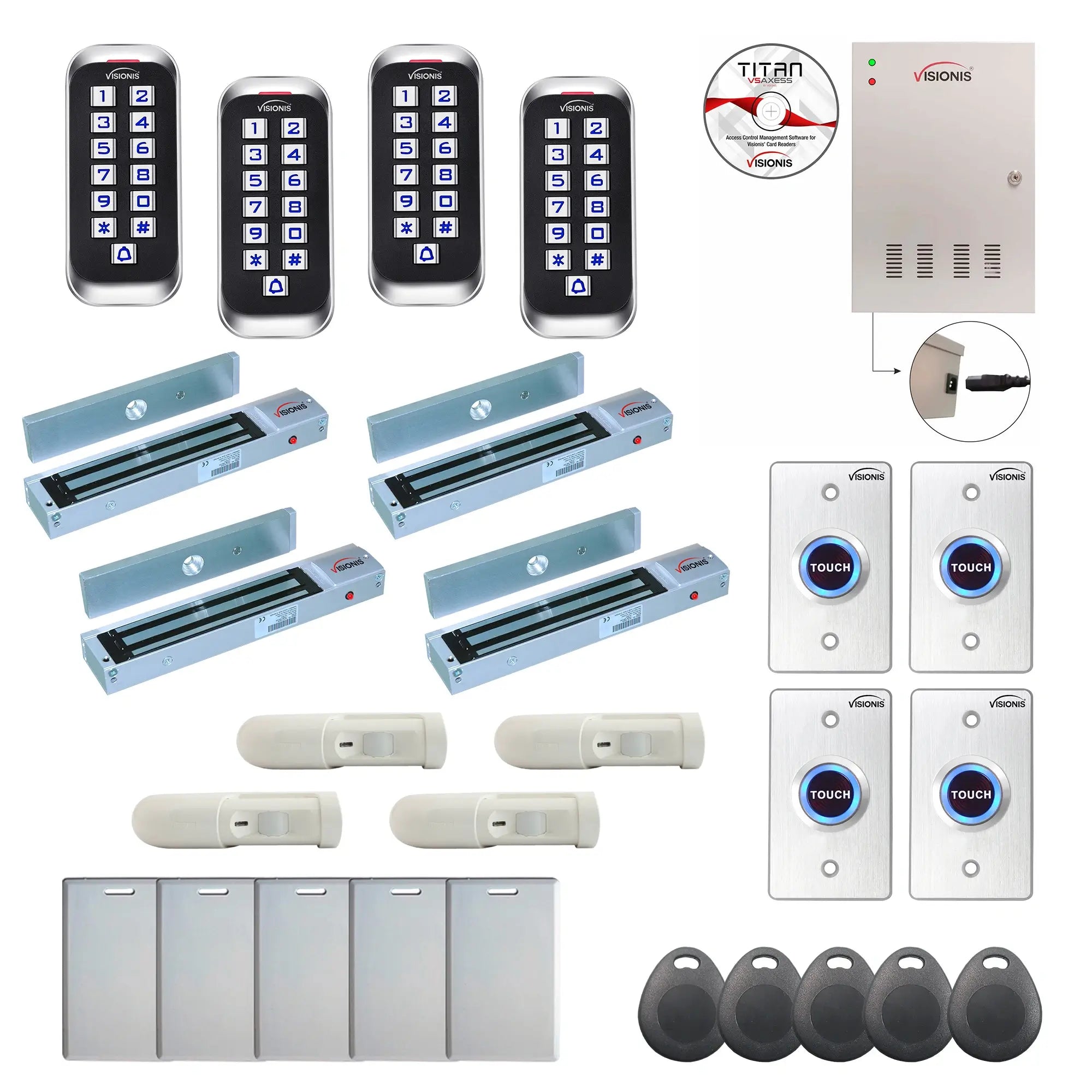 Building access control systems with 600 lbs maglocks, card reader, Software, PIR Motion Sensors - FPC-8404