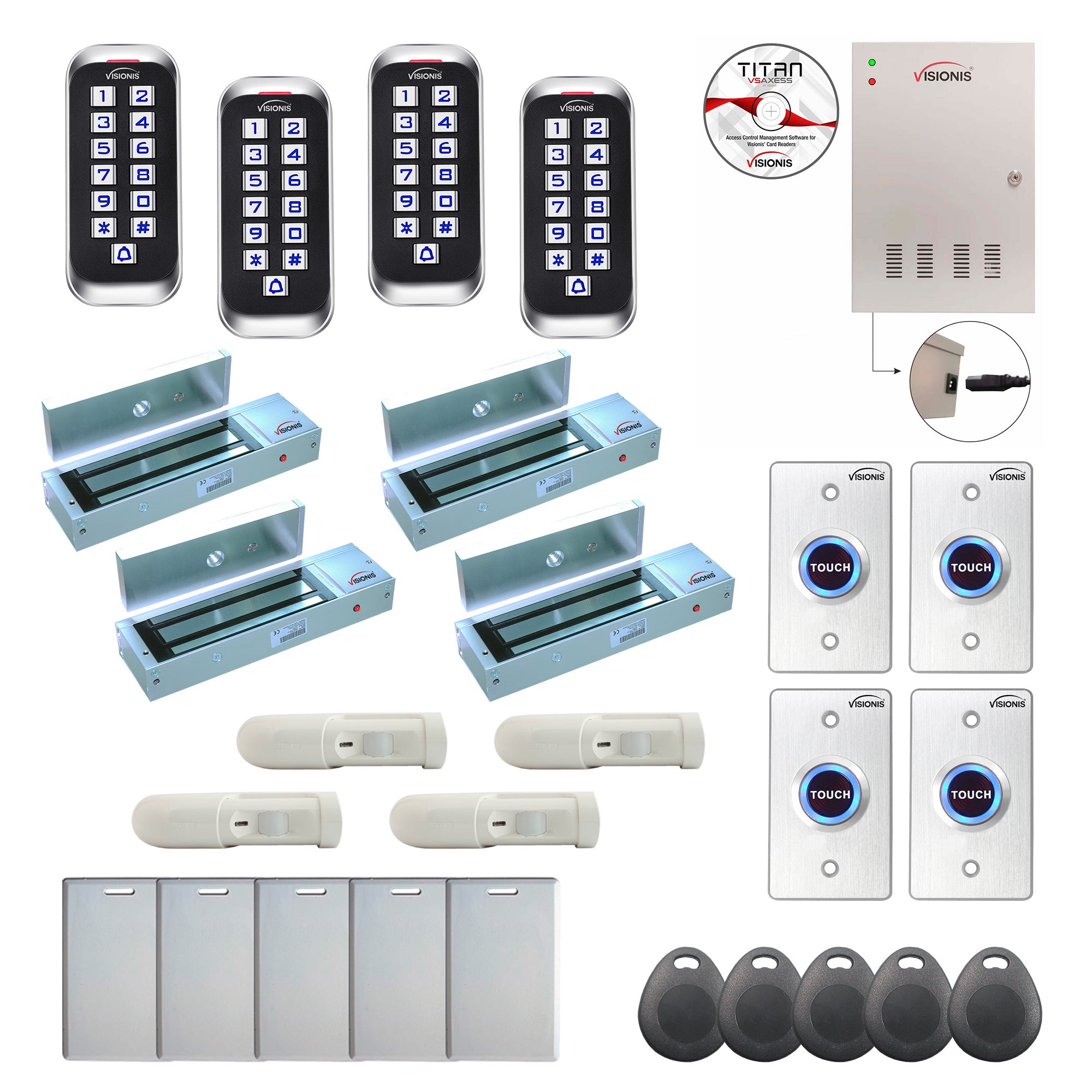 FPC-8405 4 Door Professional Access Control Outswinging Door 1200lbs Mag Lock Time Attendance TCP/IP Wiegand Controller Box, Outdoor Anti Vandal Keypad/Reader, Software, 20,000 Users, 70,000 Records