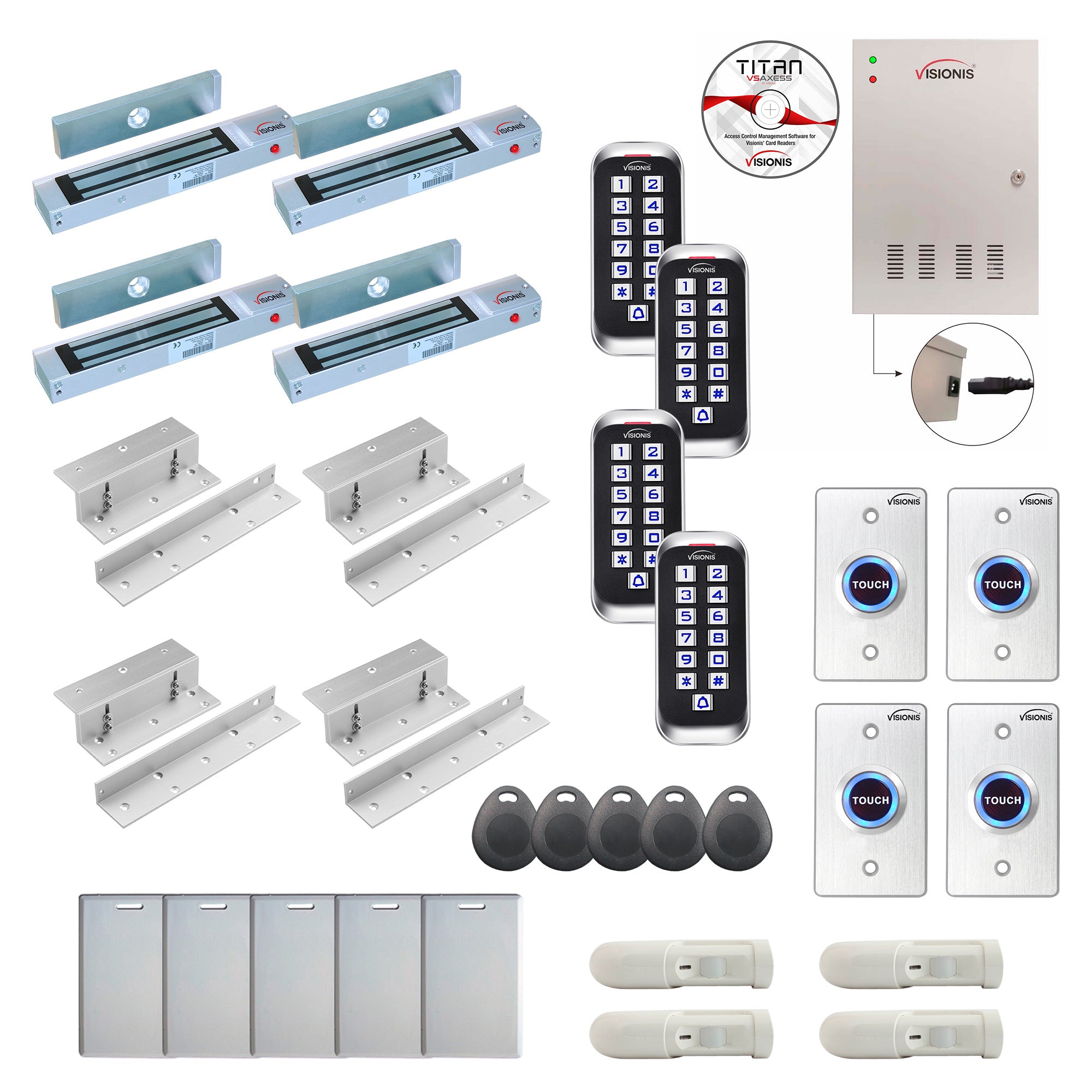 FPC-8406 4 Doors Professional Access Control Inswinging Door 300lbs Mag Lock Time Attendance TCP/IP Wiegand Controller Box, Outdoor Anti Vandal Keypad/Reader, Software, 20,000 Users, 70,000 Records