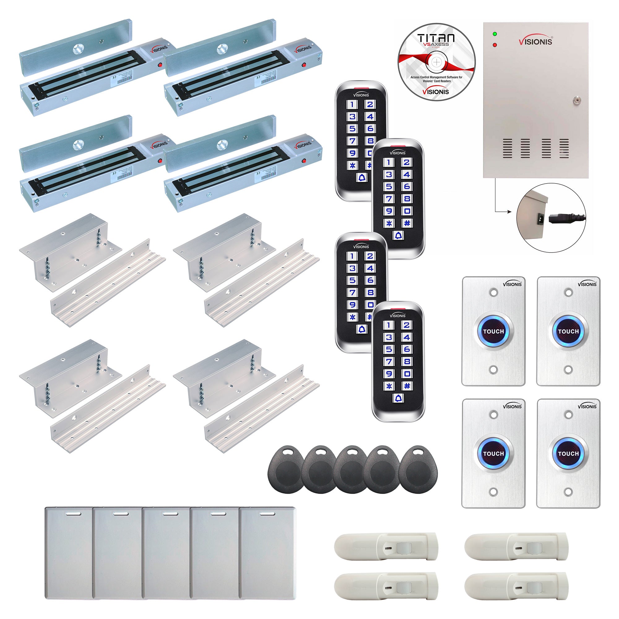 FPC-8407 4 Doors Professional Access Control Inswinging Door 600lbs Mag Lock Time Attendance TCP/IP Wiegand Controller Box, Outdoor Anti Vandal Keypad/Reader, Software, 20,000 Users, 70,000 Records