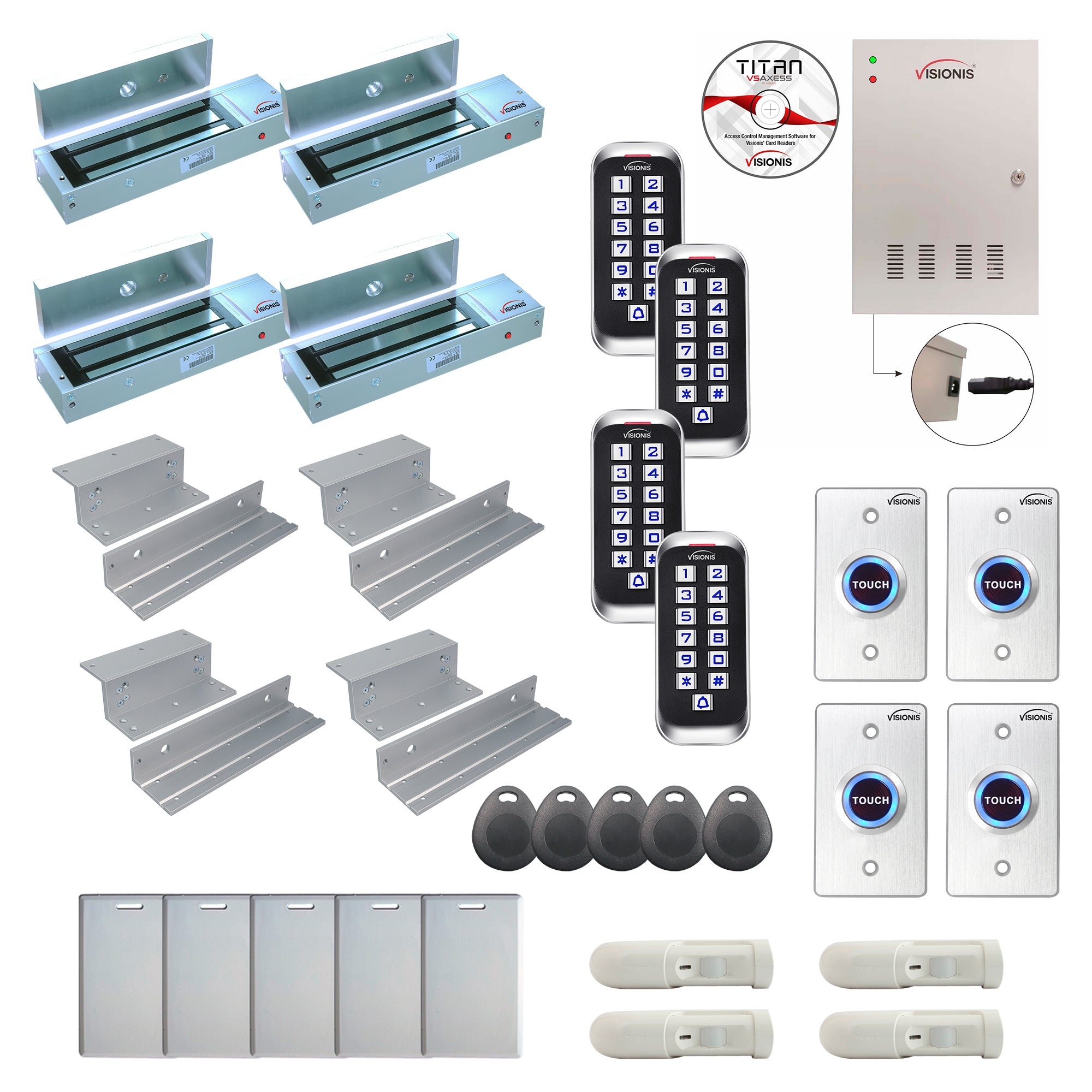 FPC-8408 4 Doors Professional Access Control Inswinging Door 1200lbs Mag Lock Time Attendance TCP/IP Wiegand Controller Box, Outdoor Anti Vandal Keypad/Reader, Software, 20,000 Users, 70,000 Records