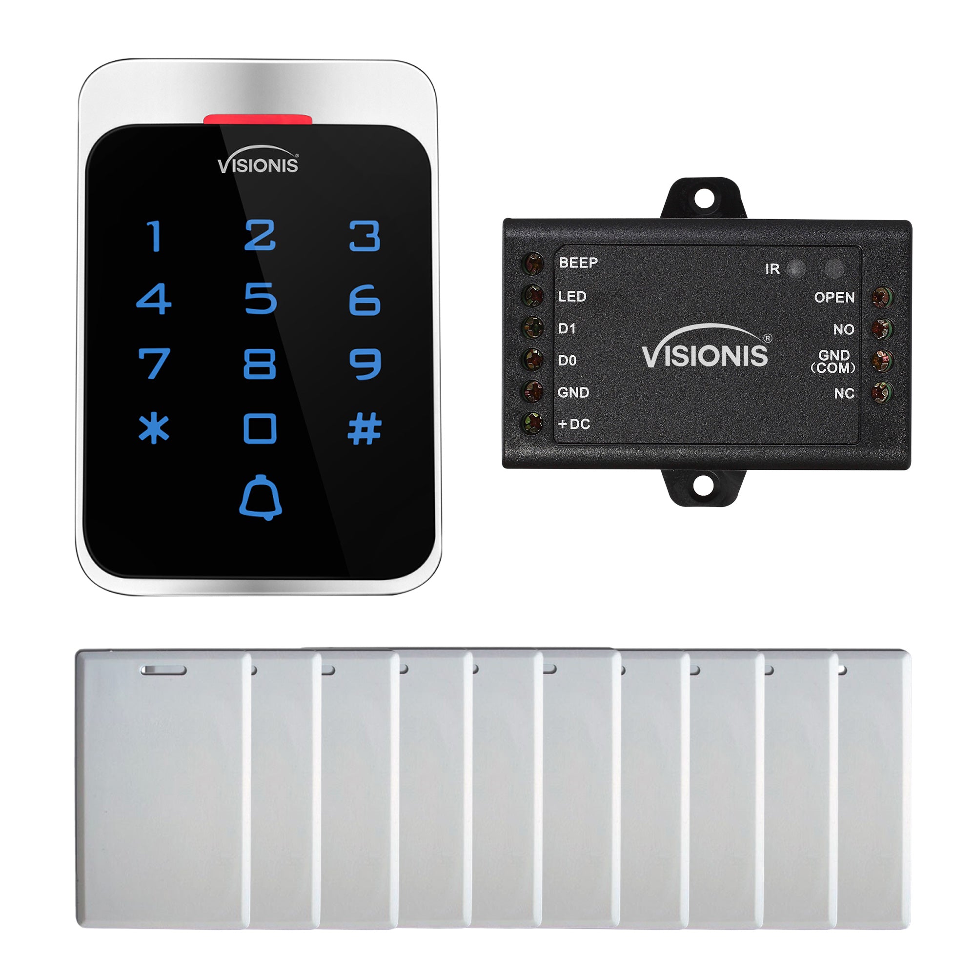 FPC-8907 VIS-3022 Access Control Outdoor Weatherproof Metal Housing Digital Touch Keypad + Reader Standalone with Mini Controller + Wiegand 26, EM Cards With Doorbell, Pack Of 10 Proximity Cards