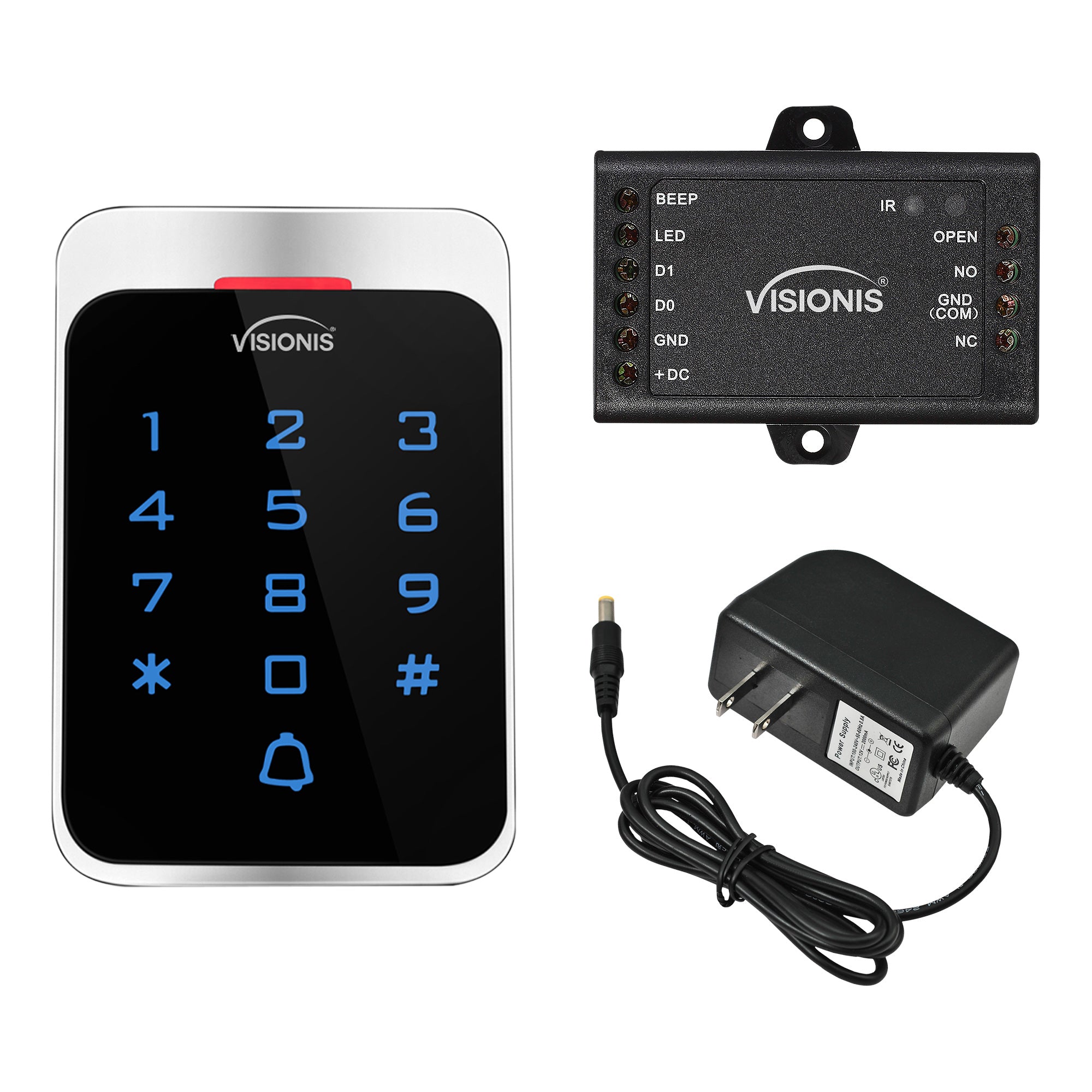 FPC-8908 Visionis VIS-3022 Access Control Outdoor Weatherproof Metal Housing Digital Touch Keypad + Reader Standalone with Mini Controller + Wiegand 26, EM Cards With Doorbell, Power Supply Included