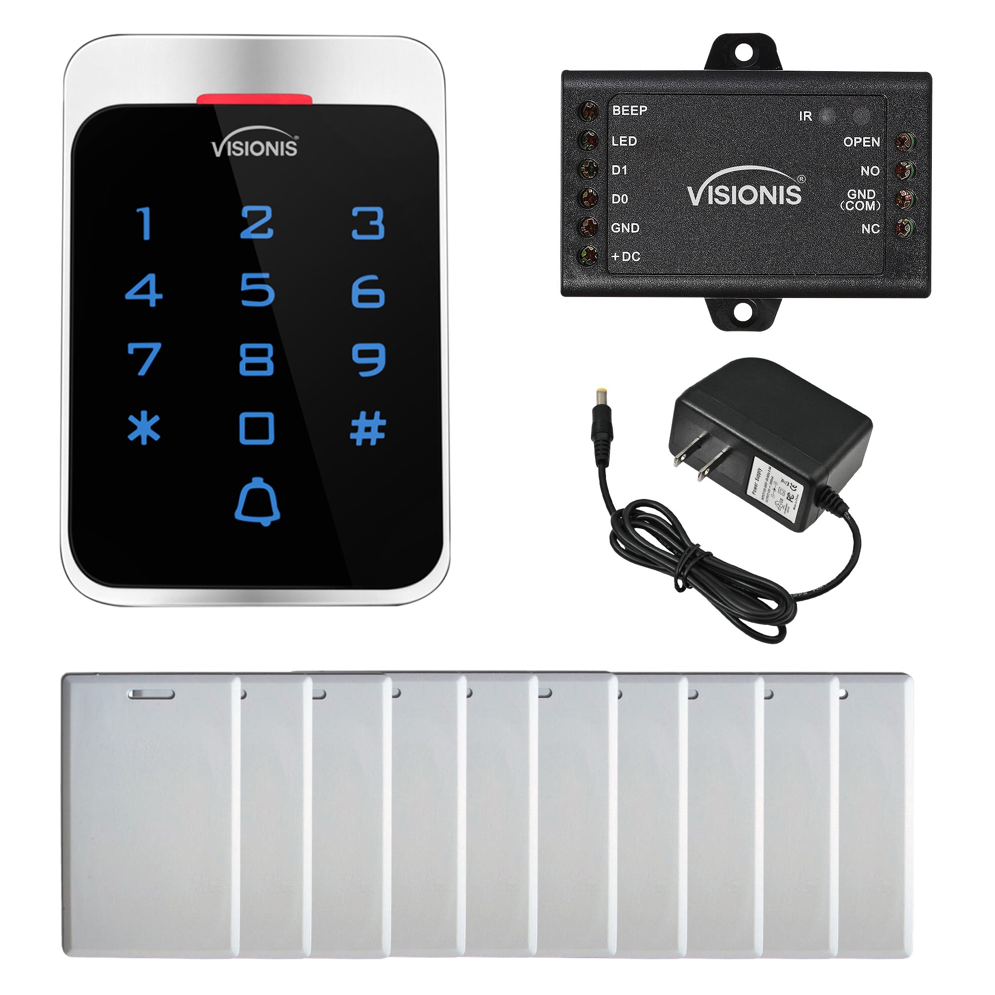 FPC-8909 VIS-3022 Access Control Outdoor Weatherproof Metal Housing Digital Touch Keypad + Reader Standalone with Mini Controller + Wiegand 26, EM Cards + Power Supply, Pack Of 10 Proximity Cards