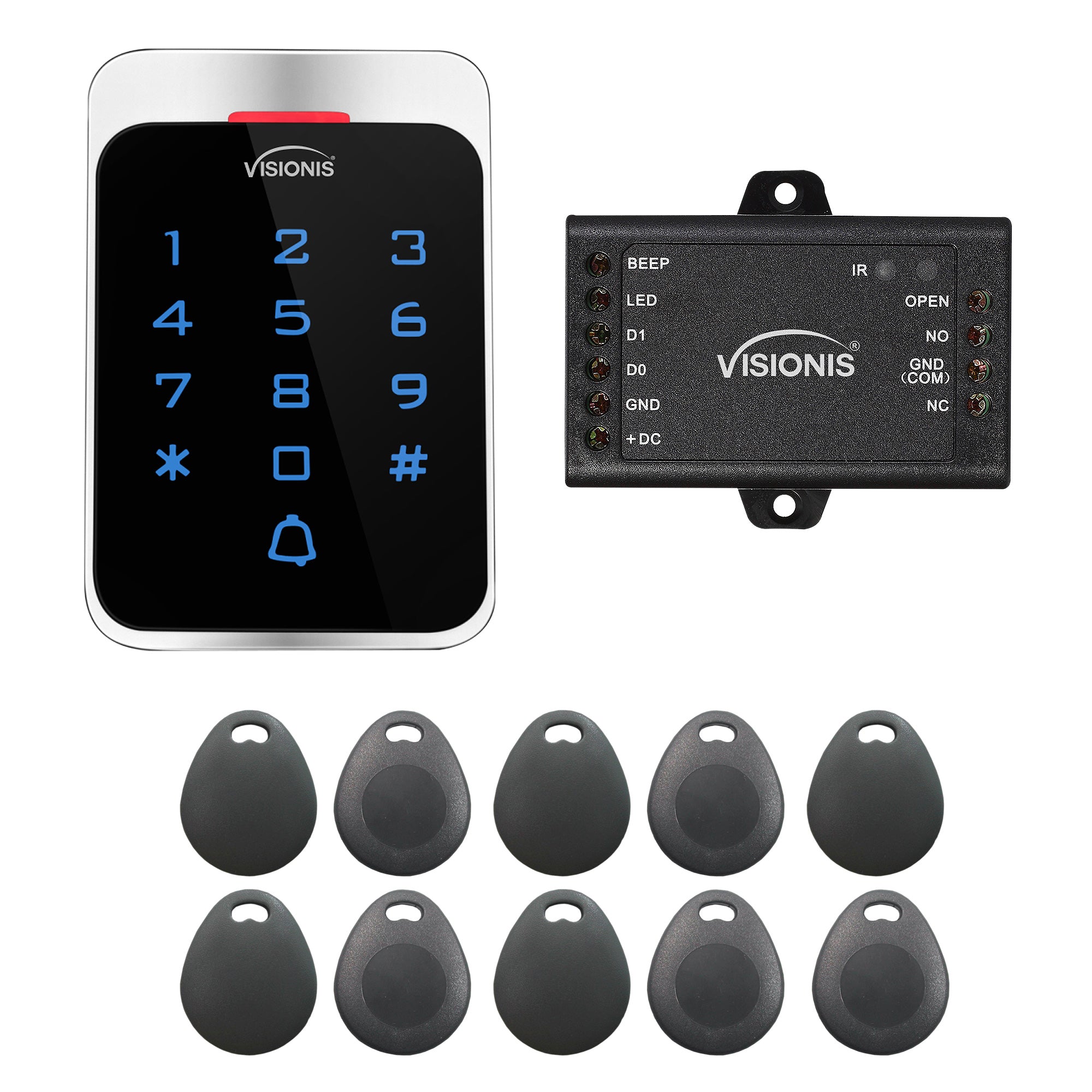 FPC-8910 VIS-3022 Access Control Outdoor Weatherproof Metal Housing Digital Touch Keypad + Reader Standalone with Mini Controller + Wiegand 26, EM Cards With Doorbell, Pack Of 10 Proximity Key Tags