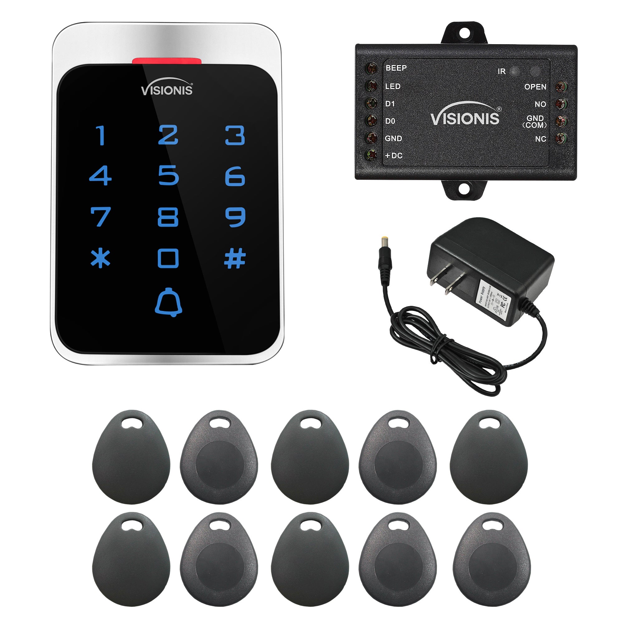 FPC-8911 VIS-3022 Access Control Outdoor Weatherproof Metal Housing Digital Touch Keypad + Reader Standalone with Mini Controller + Wiegand 26, EM Cards, Power Supply, Pack Of 10 Proximity Key Tags