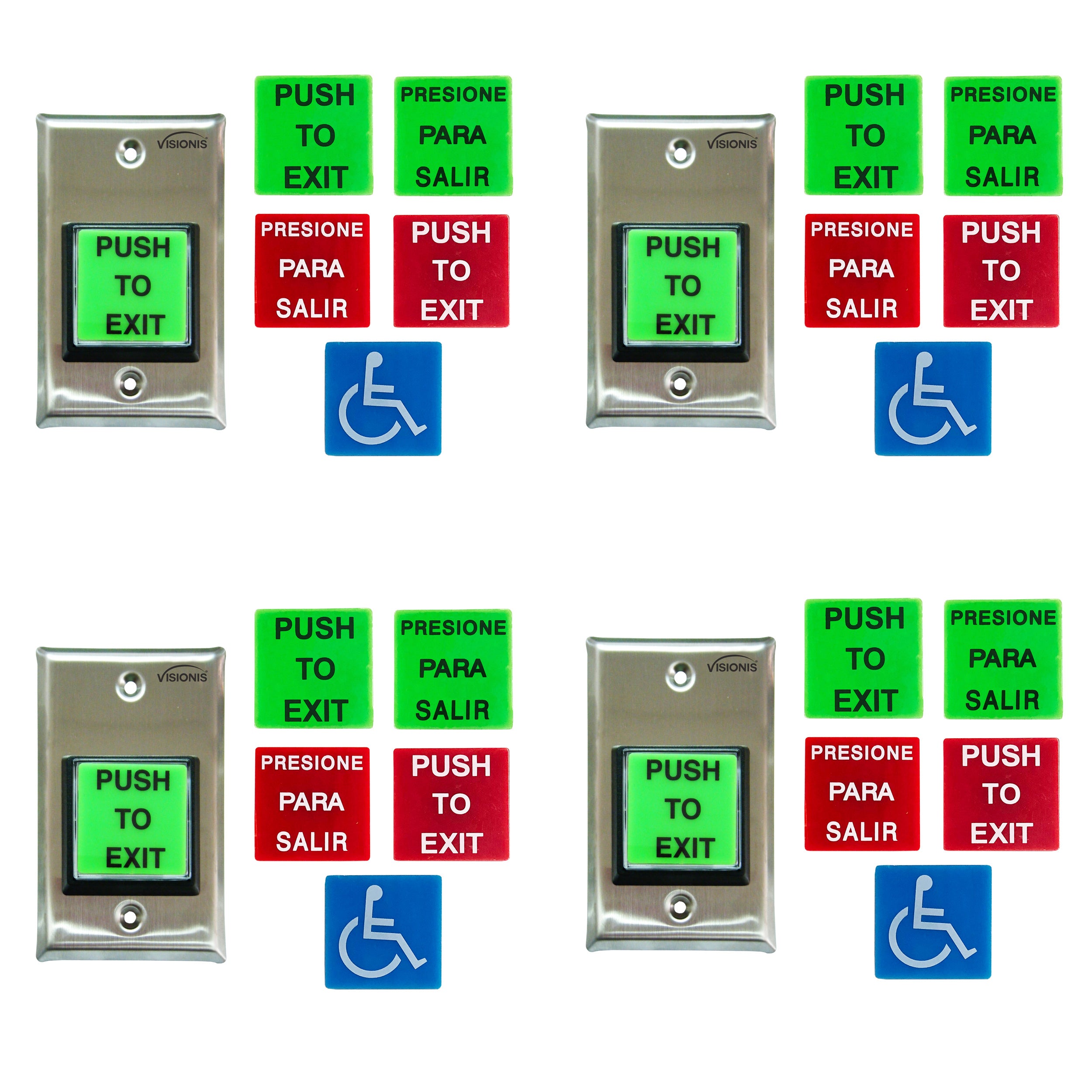 4 Pack FPC-8919 VIS-7040 Push To Exit Button For Door Access Control With LED Light, NC, COM, NO Outputs + Green and Red Color "PUSH TO EXIT" and "PRESIONE PARA SALIR" Plates +  Blue Handicap Plate