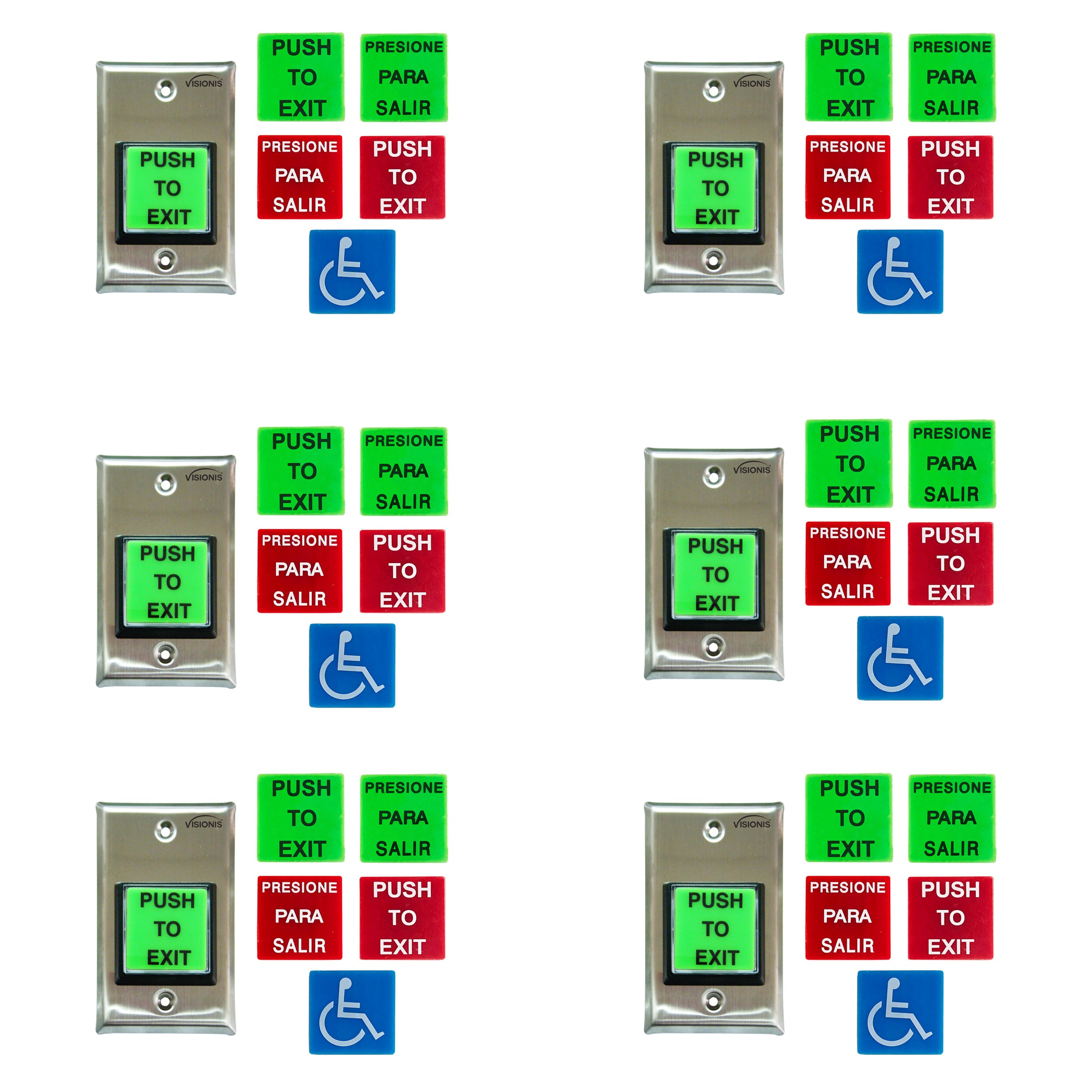 6 Pack FPC-8920 VIS-7040 Push To Exit Button For Door Access Control With LED Light, NC, COM, NO Outputs + Green and Red Color "PUSH TO EXIT" and "PRESIONE PARA SALIR" Plates +  Blue Handicap Plate