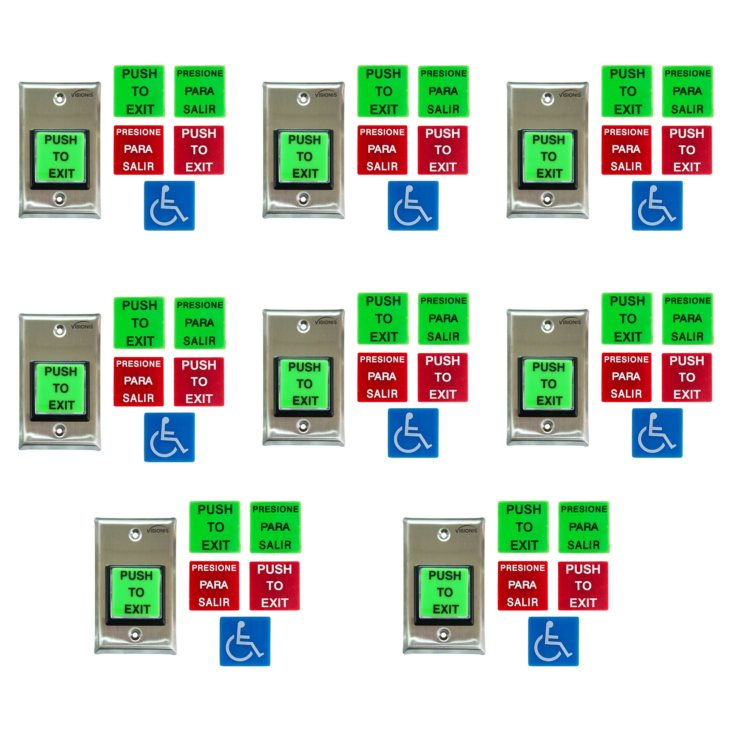 8 Pack FPC-8921 VIS-7040 Push To Exit Button For Door Access Control With LED Light, NC, COM, NO Outputs + Green and Red Color "PUSH TO EXIT" and "PRESIONE PARA SALIR" Plates +  Blue Handicap Plate