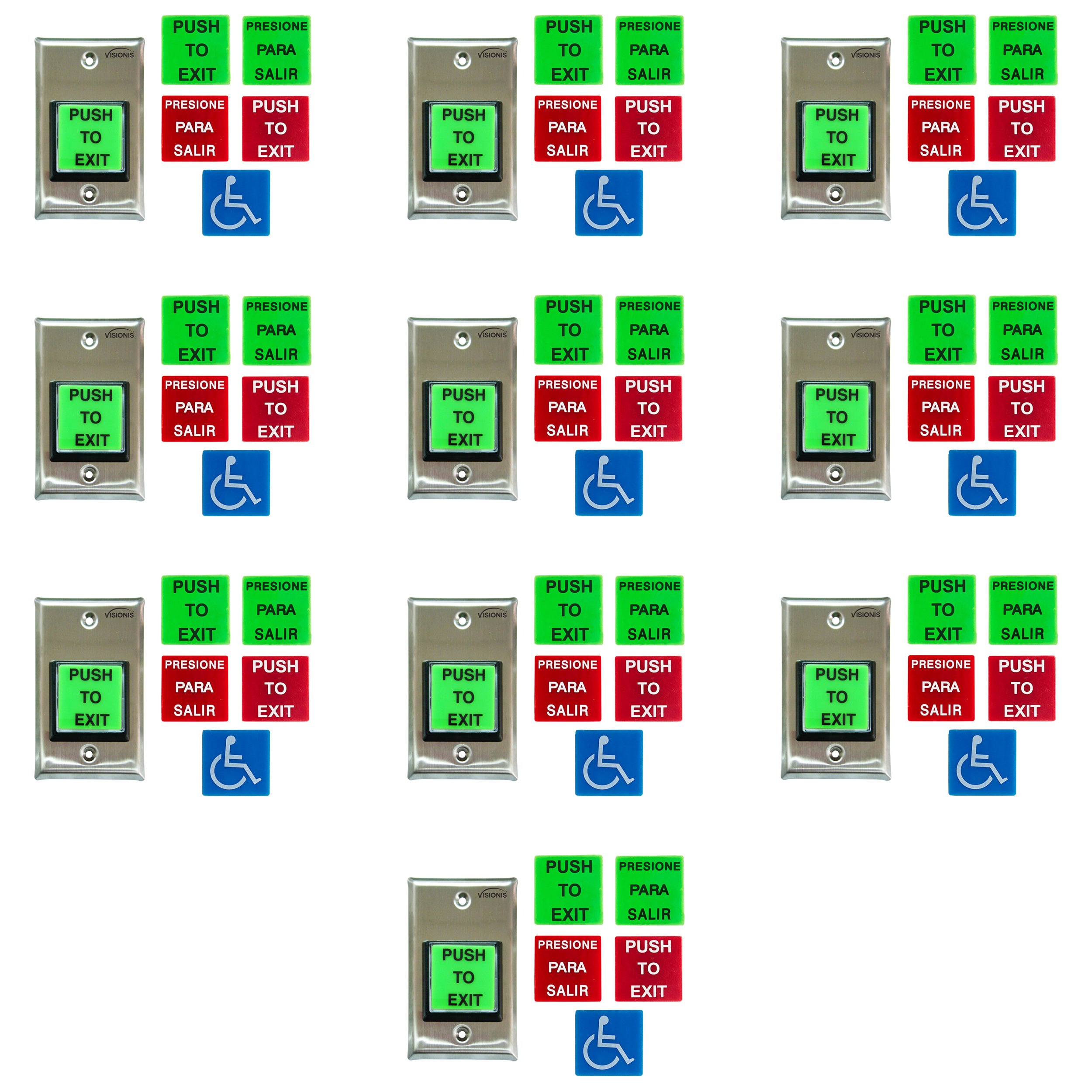 10 Pack FPC-8922 VIS-7040 Push To Exit Button For Door Access Control With LED Light, NC, COM, NO Outputs + Green and Red Color "PUSH TO EXIT" and "PRESIONE PARA SALIR" Plates +  Blue Handicap Plate