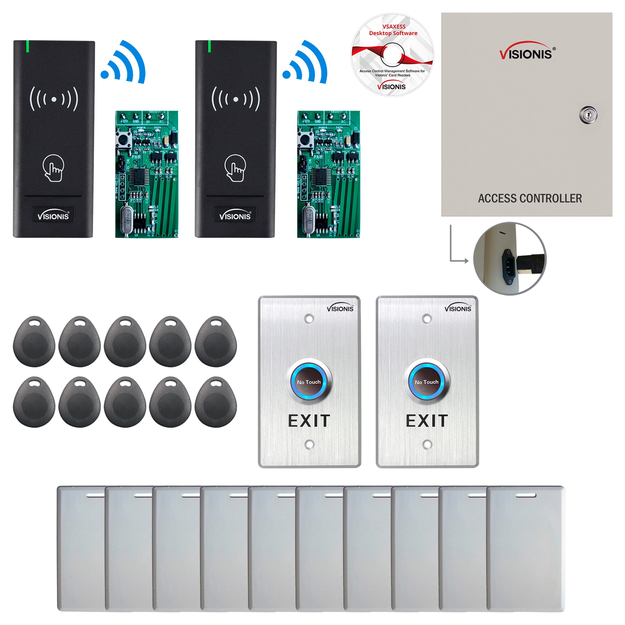 FPC-8962 Two Door Access Control Time Attendance TCP/IP RS485 Wiegand Controller Box + Power Supply Included + Wireless Card Reader + Wireless Receiver PCB + Computer Based Software Included Kit