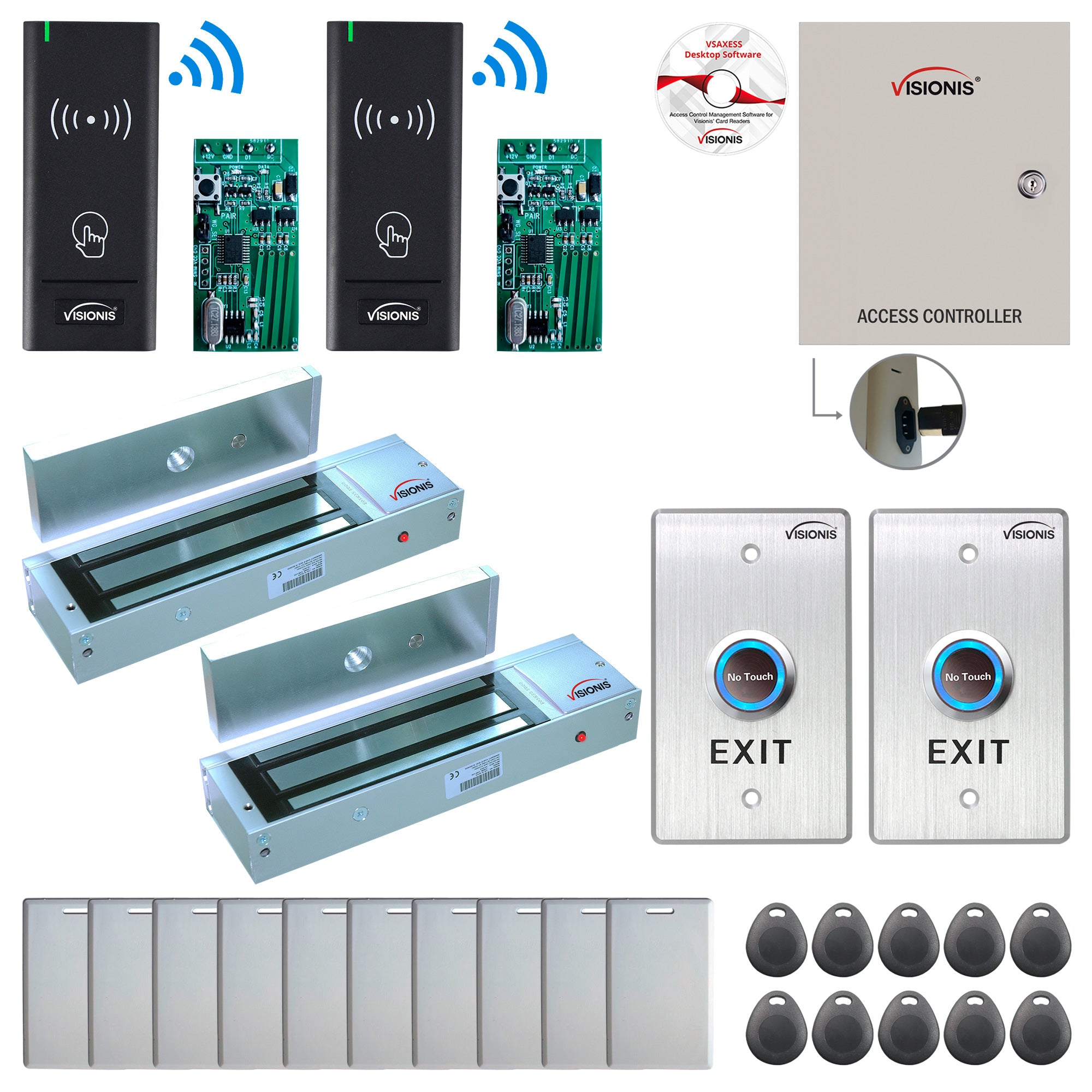 FPC-8965 2 Door Access Control Time Attendance TCP/IP RS485 Wiegand Controller Box + Out Swinging Door 1200lb Maglock + Wireless Card Reader + Wireless Receiver PCB + Computer Based Software Included