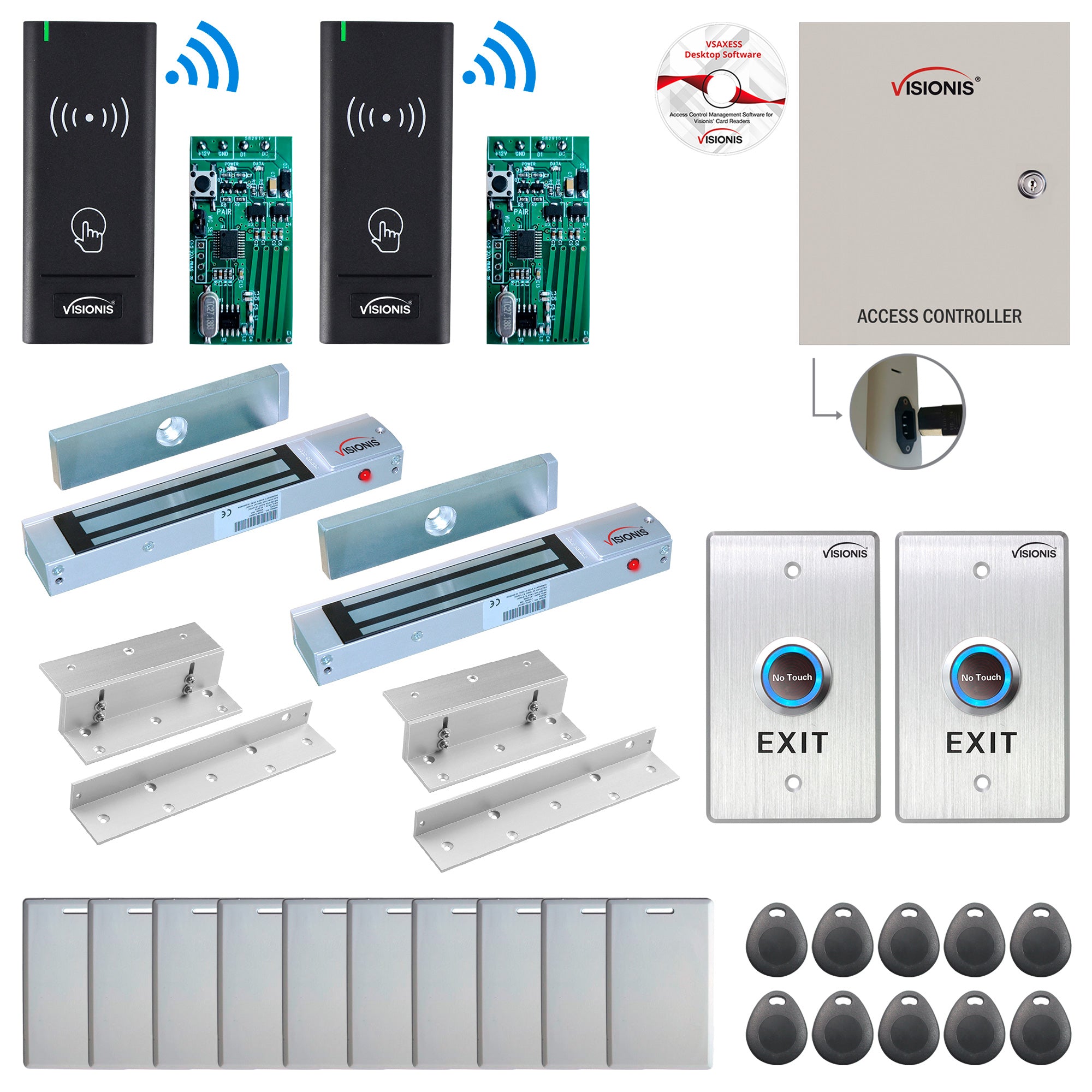 FPC-8966 2 Door Access Control Time Attendance TCP/IP RS485 Wiegand Controller Box + In Swinging Door 300lbs Maglock + Wireless Card Reader + Wireless Receiver PCB + Computer Based Software Included