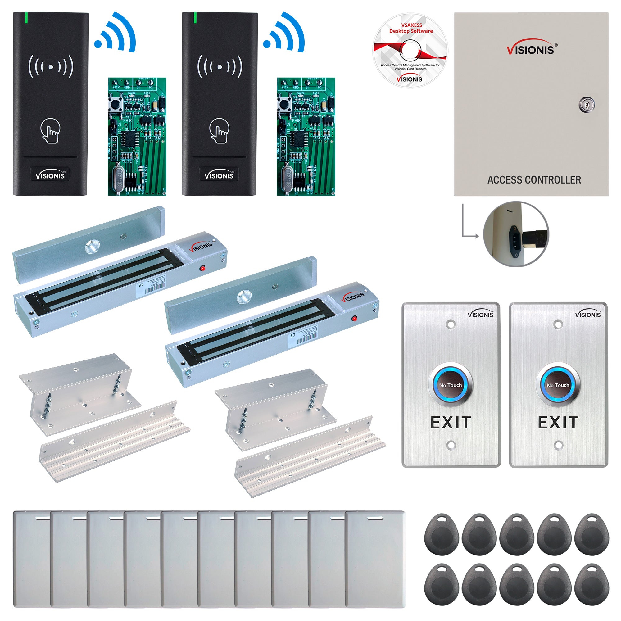 FPC-8967 2 Door Access Control Time Attendance TCP/IP RS485 Wiegand Controller Box + In Swinging Door 600lbs Maglock + Wireless Card Reader + Wireless Receiver PCB + Computer Based Software Included