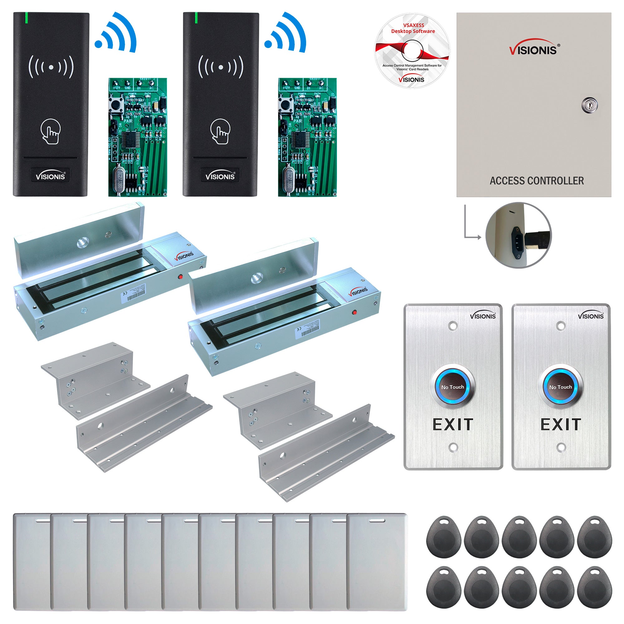 FPC-8968 2 Door Access Control Time Attendance TCP/IP RS485 Wiegand Controller Box + In Swinging Door 1200lb Maglock + Wireless Card Reader + Wireless Receiver PCB + Computer Based Software Included