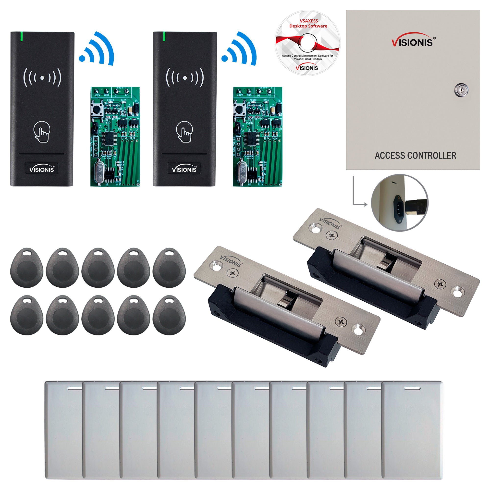 FPC-8969 Two Door Access Control Time Attendance TCP/IP RS485 Wiegand Controller Box + Electric Strike Fail Safe Fail Secure + Outdoor Wireless Card Reader + Wireless Receiver PCB + Software Included