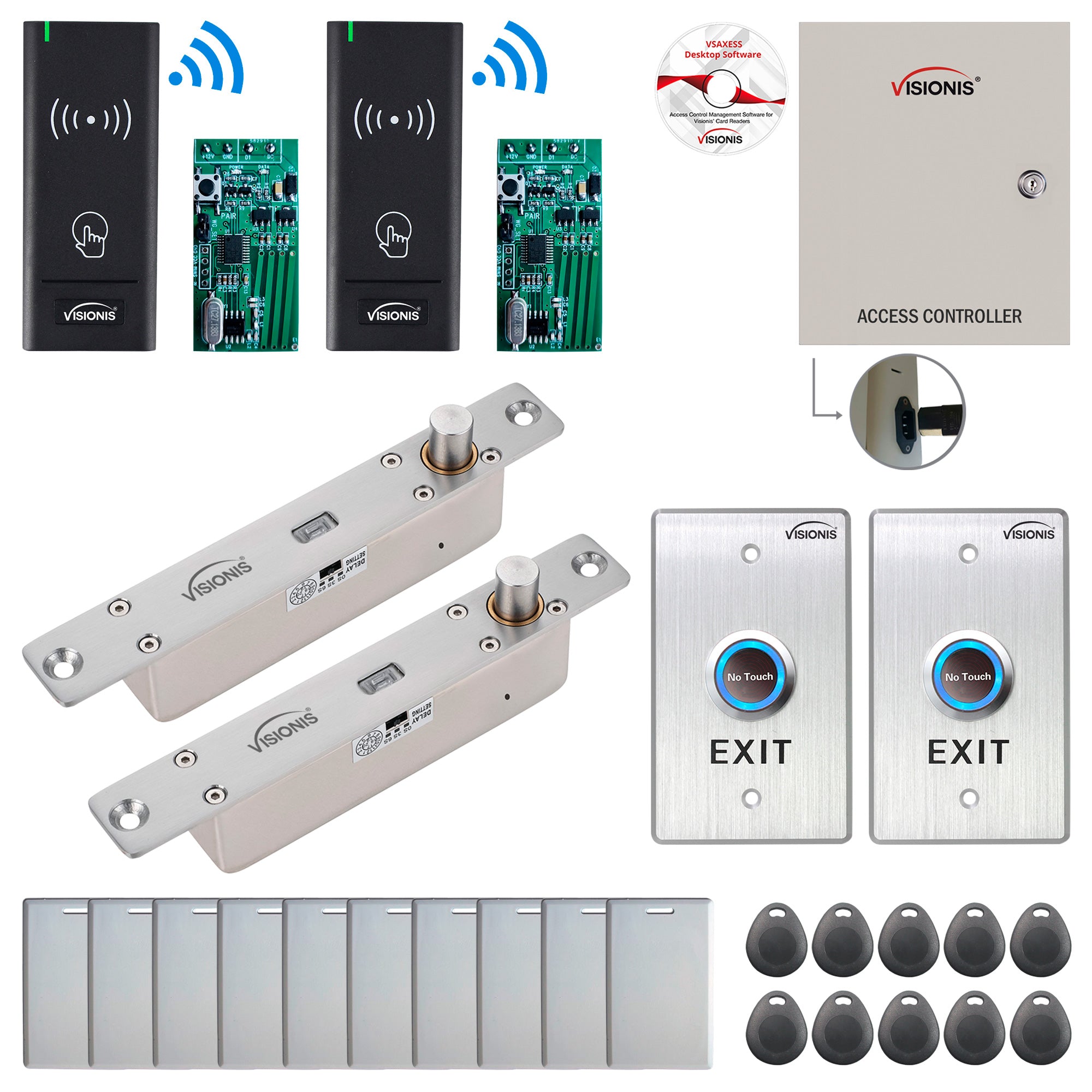 FPC-8970 2 Door Access Control Time Attendance TCP/IP RS485 Wiegand Controller Box + Electric Drop Bolt with Time Delay Fail Secure + Wireless Card Reader + Wireless Receiver PCB + Software Included