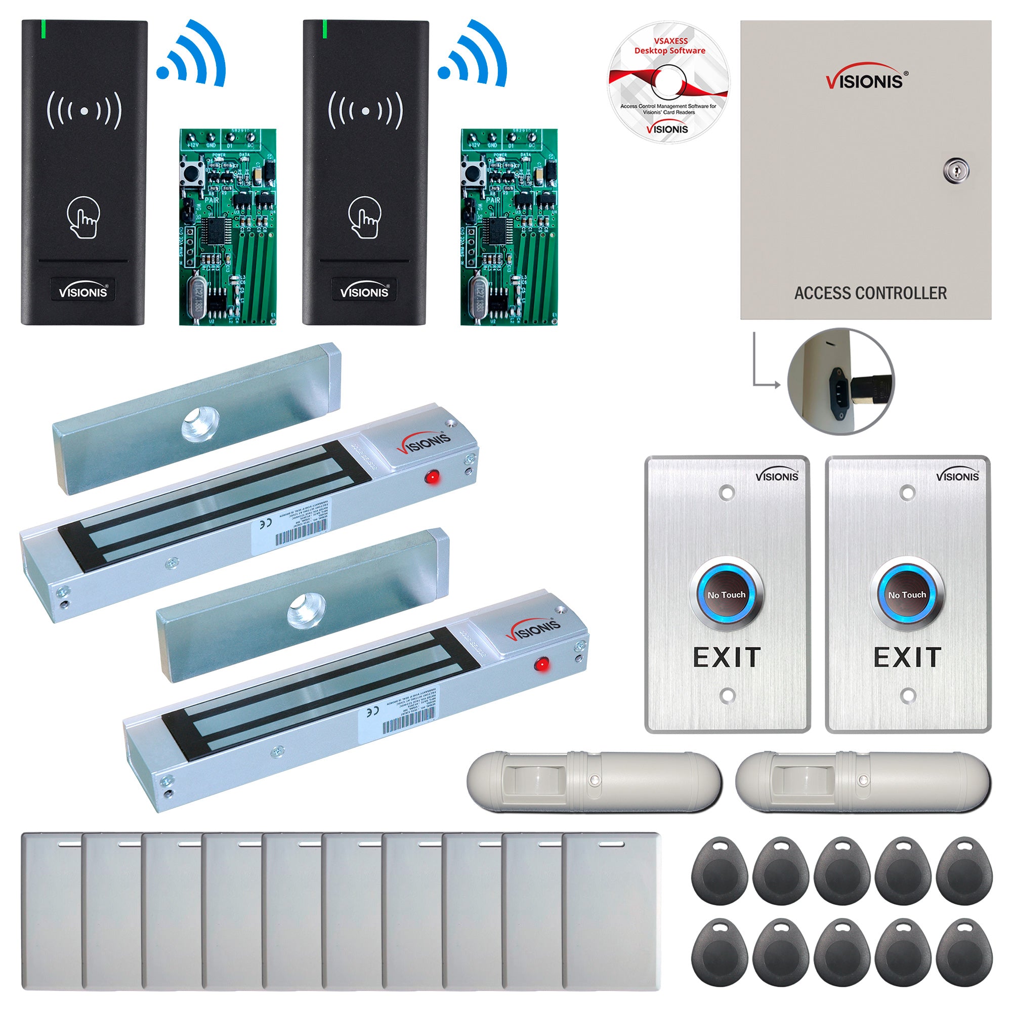 FPC-8979 Two Door Access Control Time Attendance TCP/IP RS485 Wiegand Controller Box + Out Swinging Door 300lbs Maglock + Wireless Card Reader + Wireless Receiver PCB + Motion Detector + Exit Button