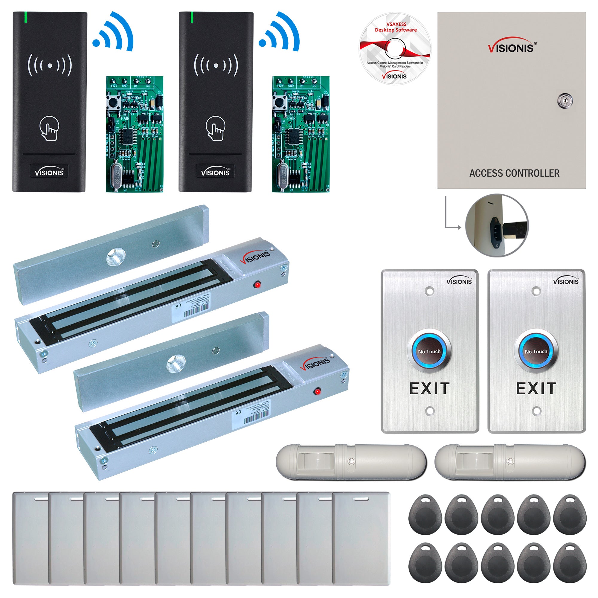 FPC-8980 2 Door Access Control Time Attendance TCP/IP RS485 Wiegand Controller Box + Out Swinging Door 600lb Maglock + Wireless Card Reader + Wireless Receiver PCB + PIR Motion Detector + Exit Button