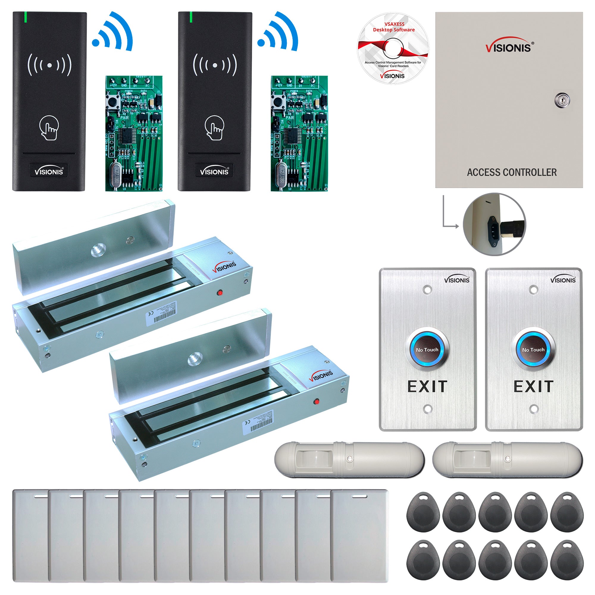 FPC-8981 2 Door Access Control Time Attendance TCP/IP RS485 Wiegand Controller Box + Out Swinging Door 1200lbs Maglock + Outdoor Wireless Card Reader + Wireless Receiver PCB + PIR Motion Detector