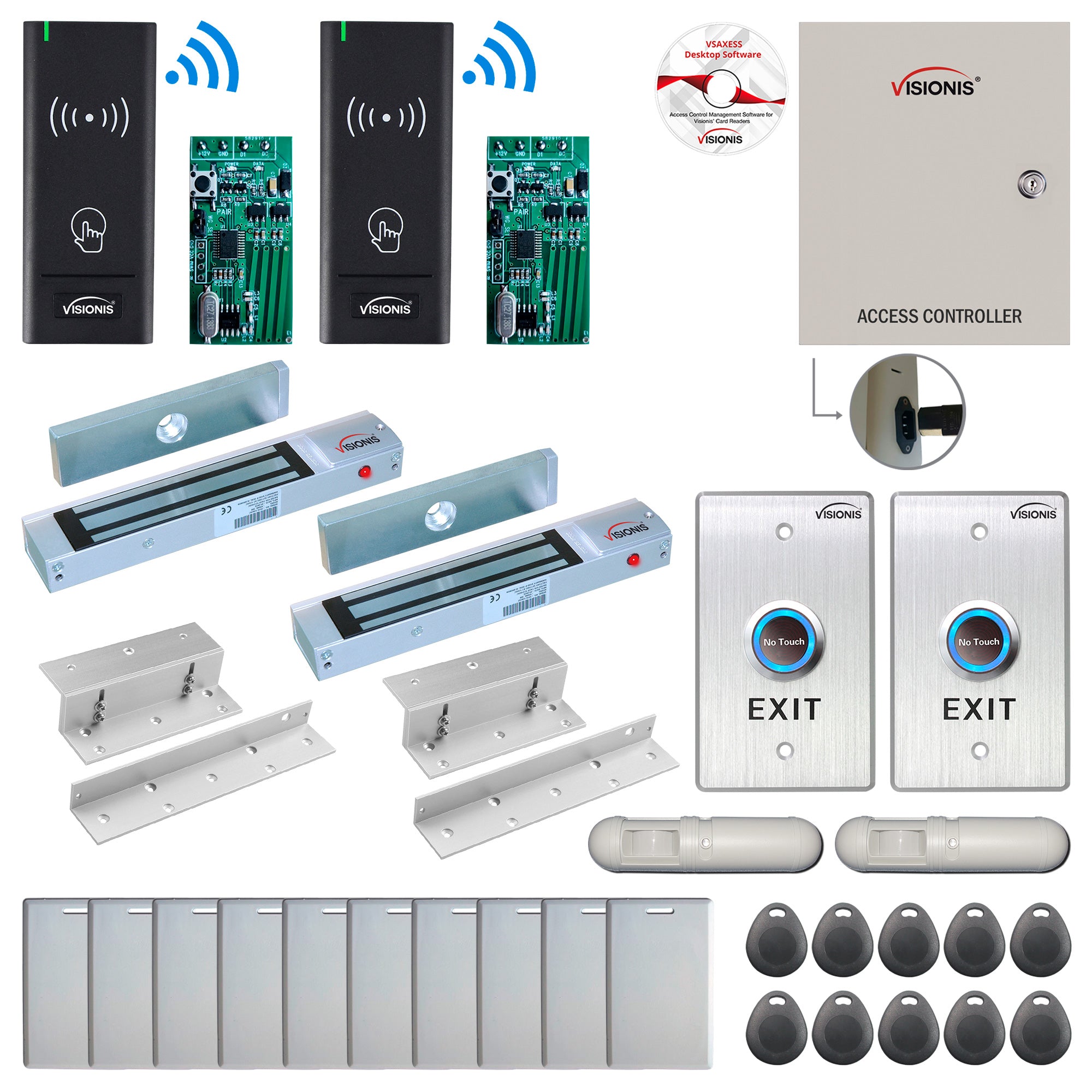 FPC-8982 Two Door Access Control Time Attendance TCP/IP RS485 Wiegand Controller Box + In Swinging Door 300lbs Maglock + Outdoor Wireless Card Reader + Wireless Receiver PCB + PIR Motion Detector