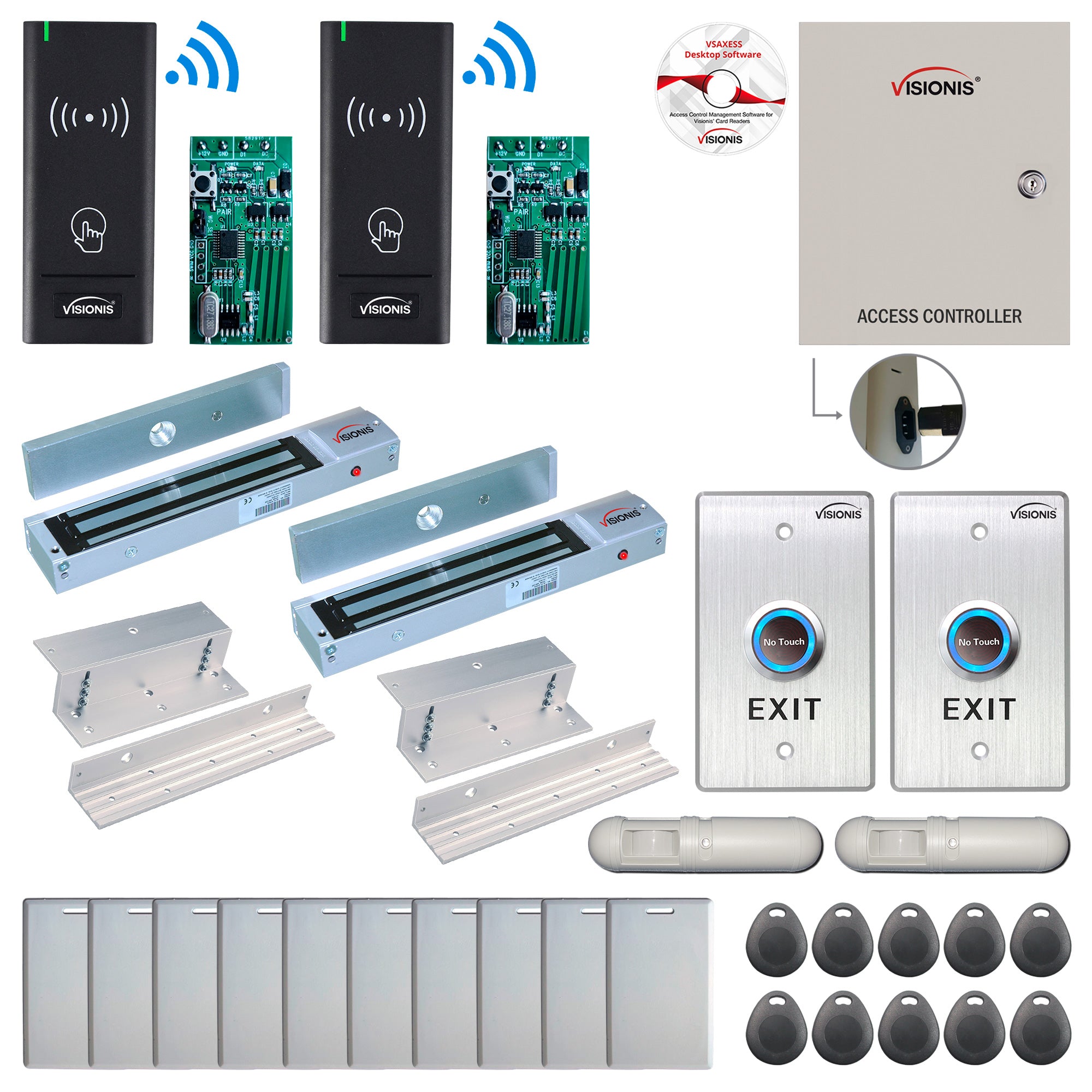 FPC-8983 2 Door Access Control Time Attendance TCP/IP RS485 Wiegand Controller Box + In Swinging Door 600lbs Maglock + Wireless Card Reader + Wireless Receiver PCB + PIR Motion Detector + Exit Button