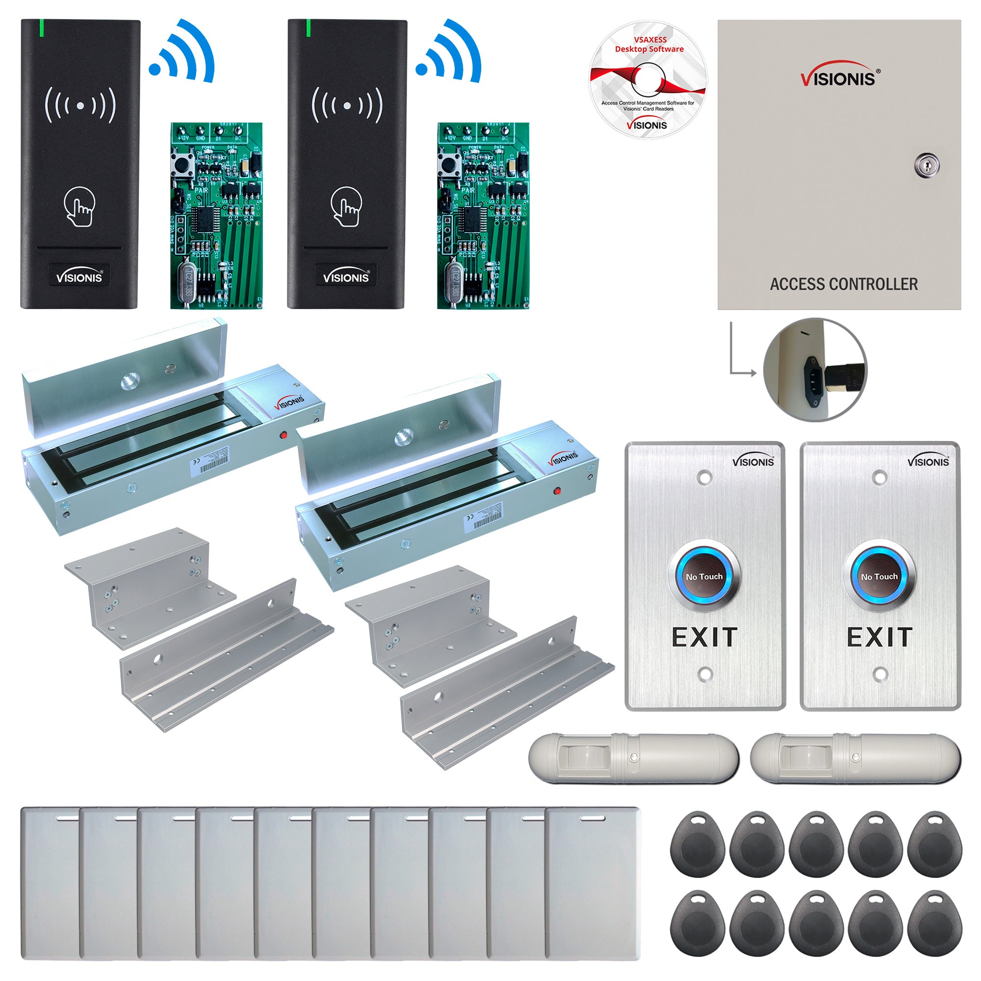 FPC-8984 Two Door Access Control Time Attendance TCP/IP RS485 Wiegand Controller Box + In Swinging Door 1200lb Maglock + Outdoor Wireless Card Reader + Wireless Receiver PCB + PIR Motion Detector